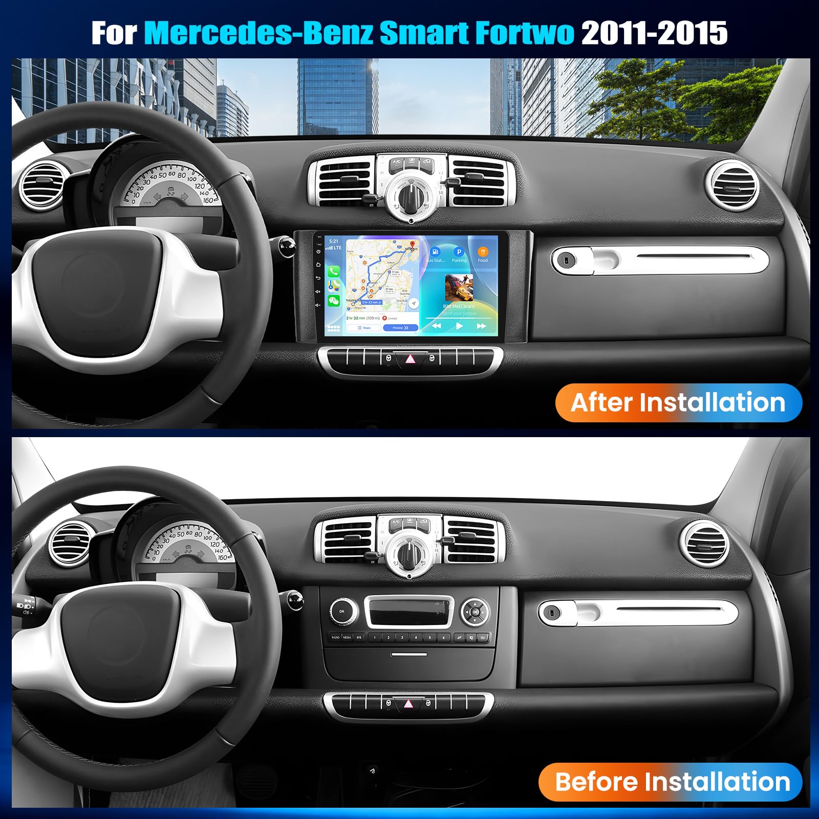 CAMECHO 2+64 GB Android 15 do samochodów Mercedes-Benz Smart Fortwo W451 (2011–2015) z CarPlay GPS nawigacją 9-calowym ekranem dotykowym Bluetooth WiFi FM/RDS EQ i kamerą