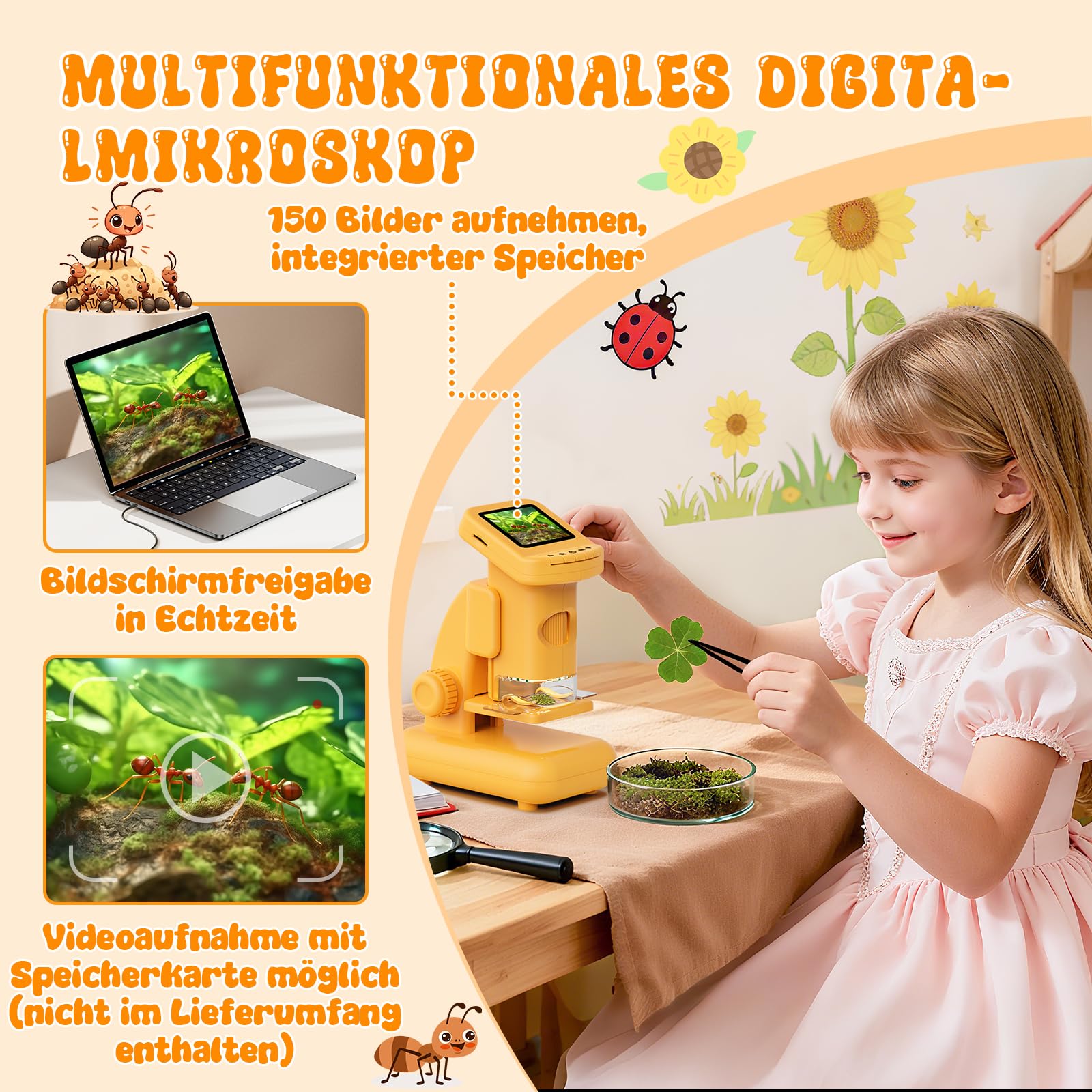 Digitales Mikroskop für Kinder, Experimente für Kinder ab 5 6 7 8 9 10 Kindermikroskop 1000X&2.0" HD Spielzeug ab 5-10 Jahren Taschenmikroskop Geschenk Junge 6-10 Jahre Geburtstagsgeschenk