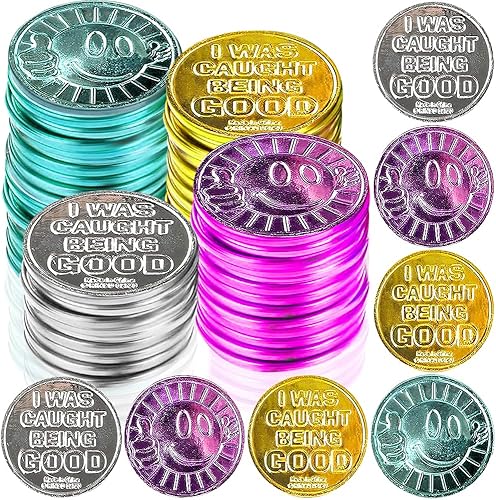 ArtCreativity Colección de monedas coloridas, paquete de 144 monedas con texto en inglés "I was Caught Being Good", fichas para el comportamiento de