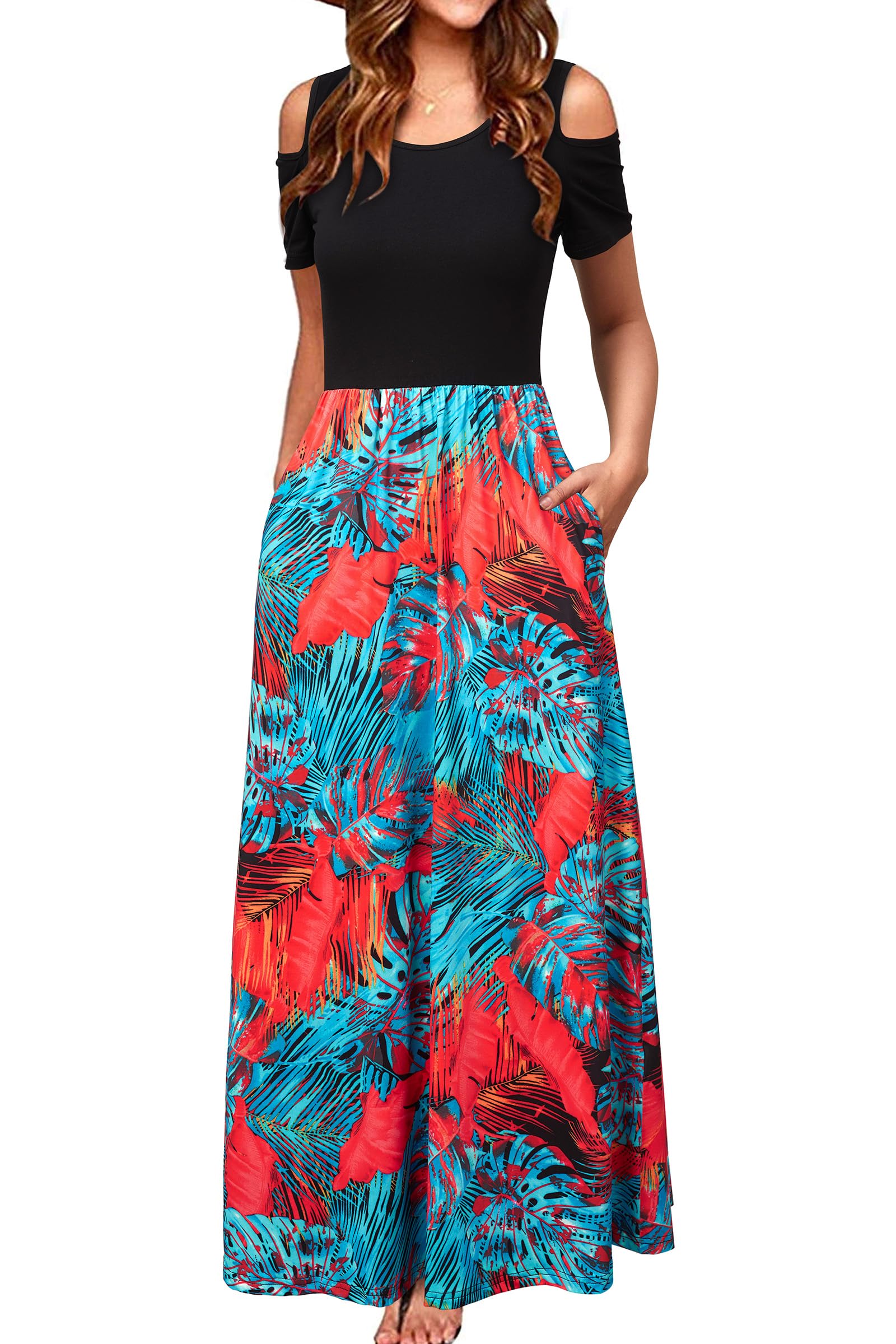 STYLEWORD Sommerkleid Damen Lang Kurzarm Maxikleid Blumen Kleider mit Taschen
