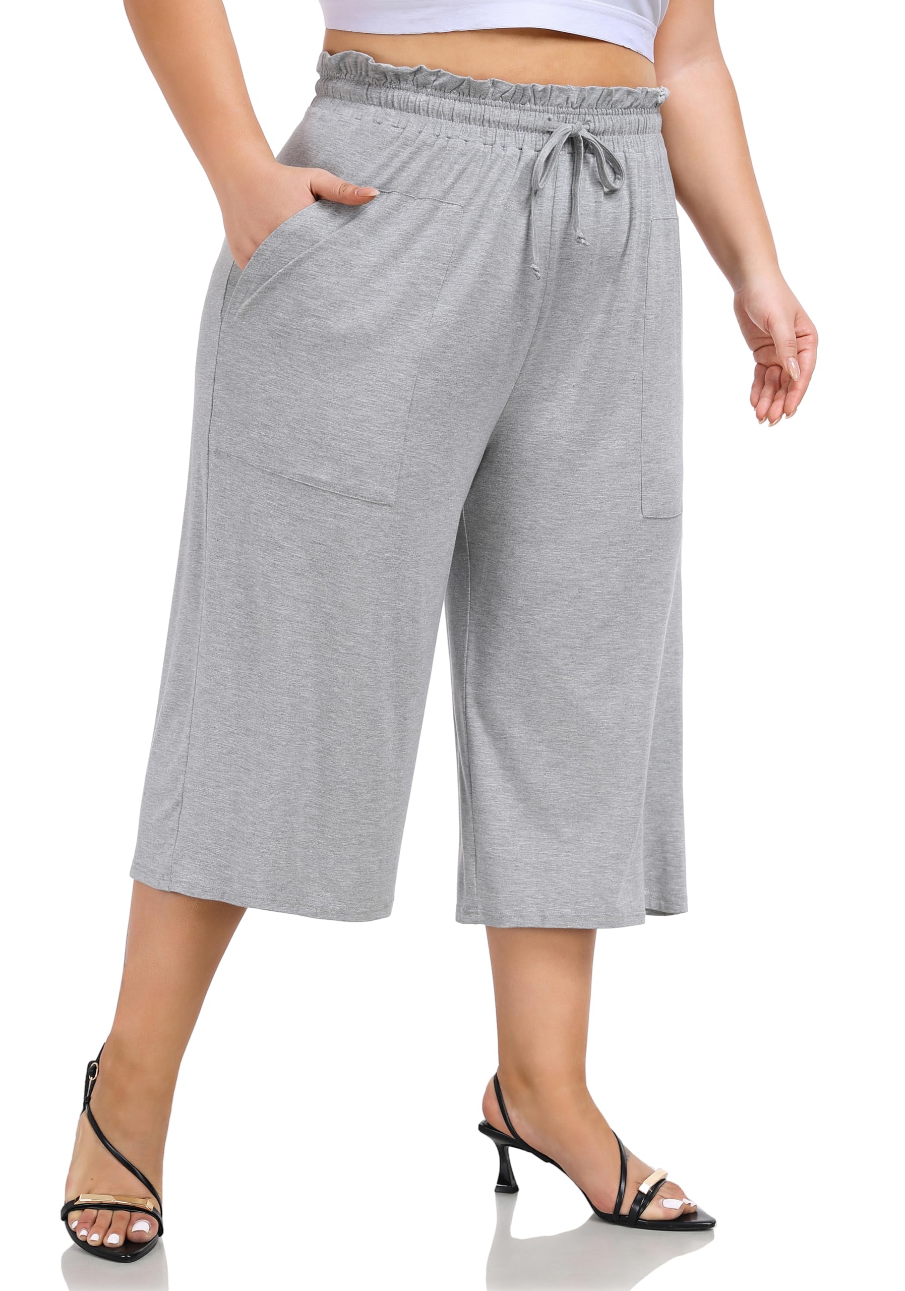 ZERDOCEAN Womens Plus Size Wide Leg Capris High Waisted Casual Lounge Pants with Drawstring Pockets
