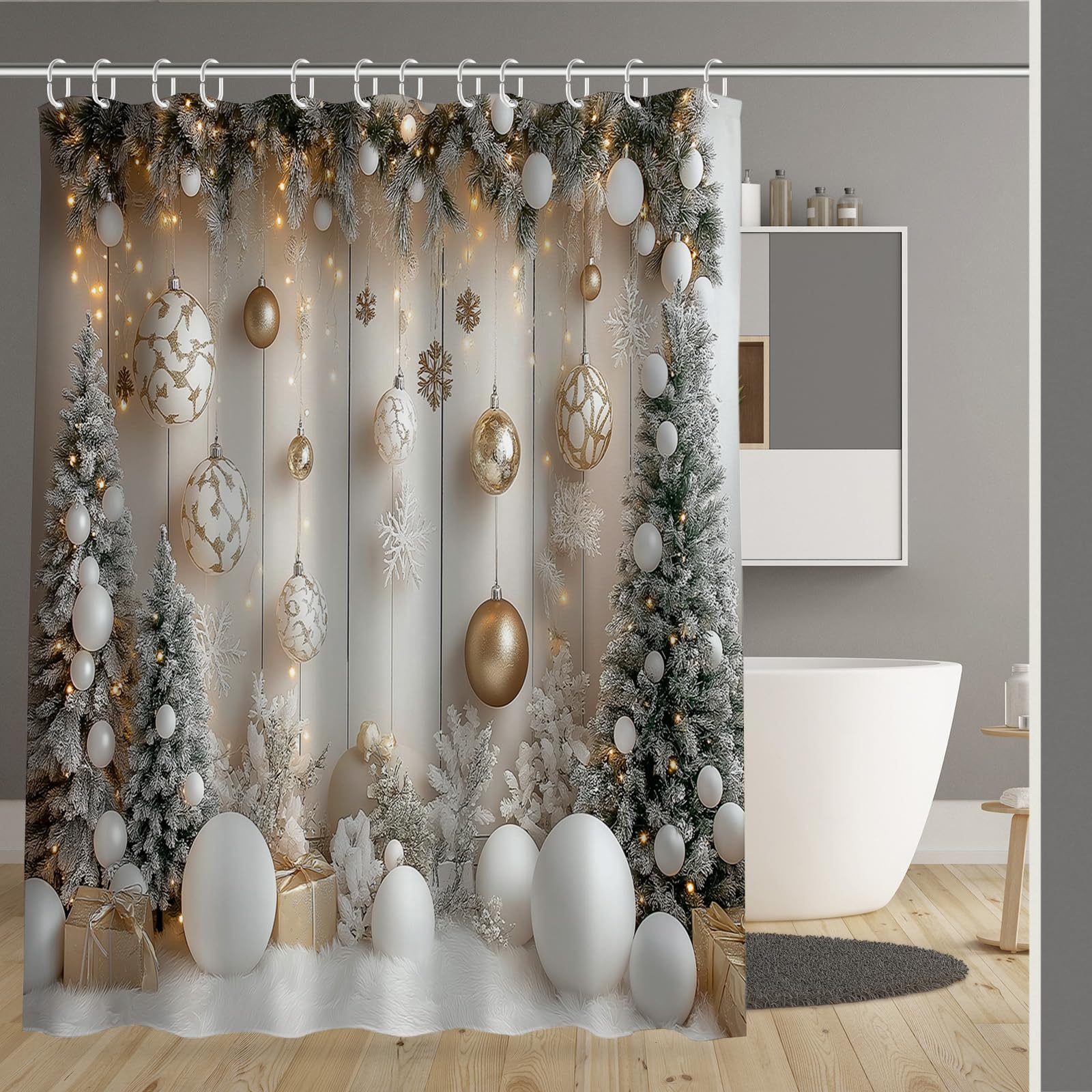 Rideau de baignoire Noël blanc en polyester étanche pour éviter les éclaboussures