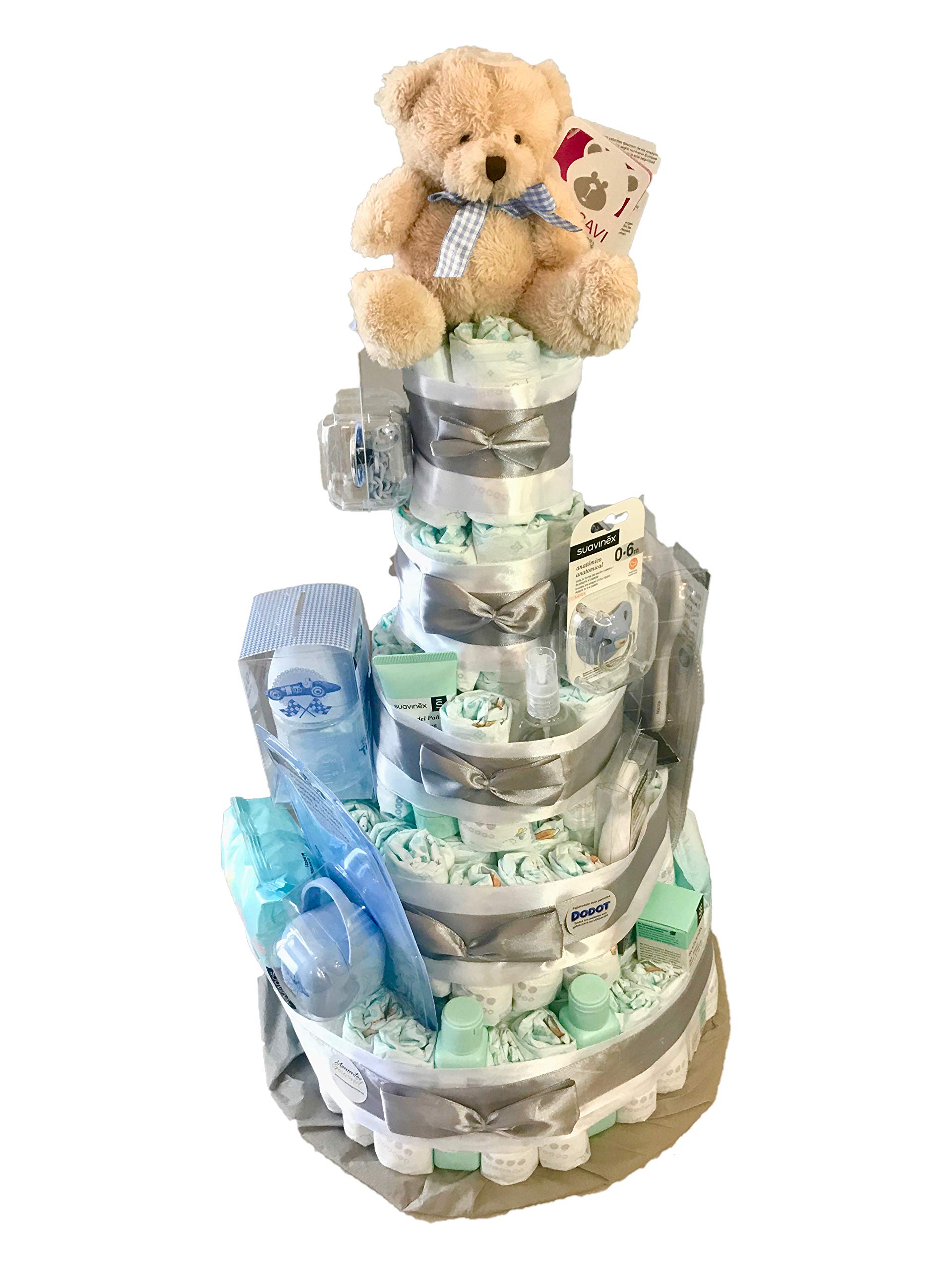 Tarta de pañales Suavinex Magnum XXL gris-azul (Talla 2 (3-6 kg)) by MomentosGourmet Añade tu dedicatoria personalizada. Regalo para bebé muy práctico. Cesta Canastilla recién nacido.