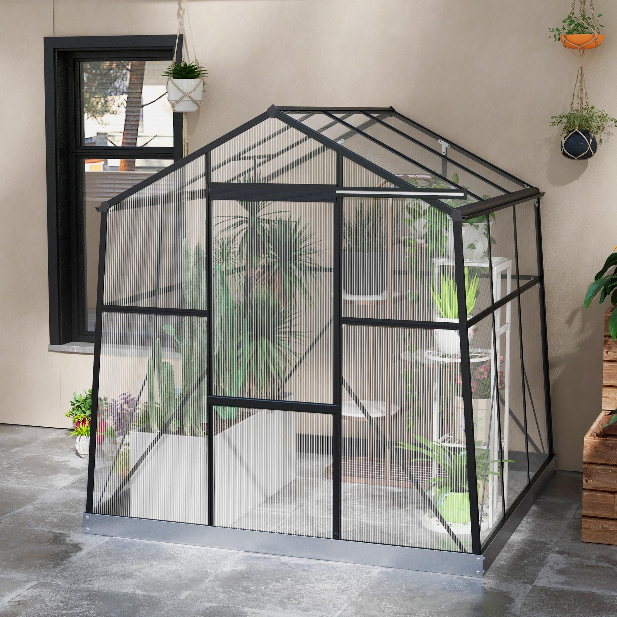 Outsunny Gewächshaus Aluminium mit Fundament 192 x 192 x 204 cm Schwarz | Treibhaus, 3,68 m², Tomatenhaus, Fenster, Schiebetür, Aufzucht Pflanzenhaus, für Garten, Balkon