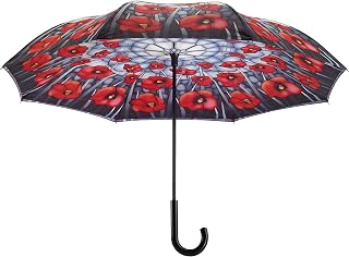 Galleria Reverse Close Stick Umbrella Stained Glass Poppies-Art on both sides