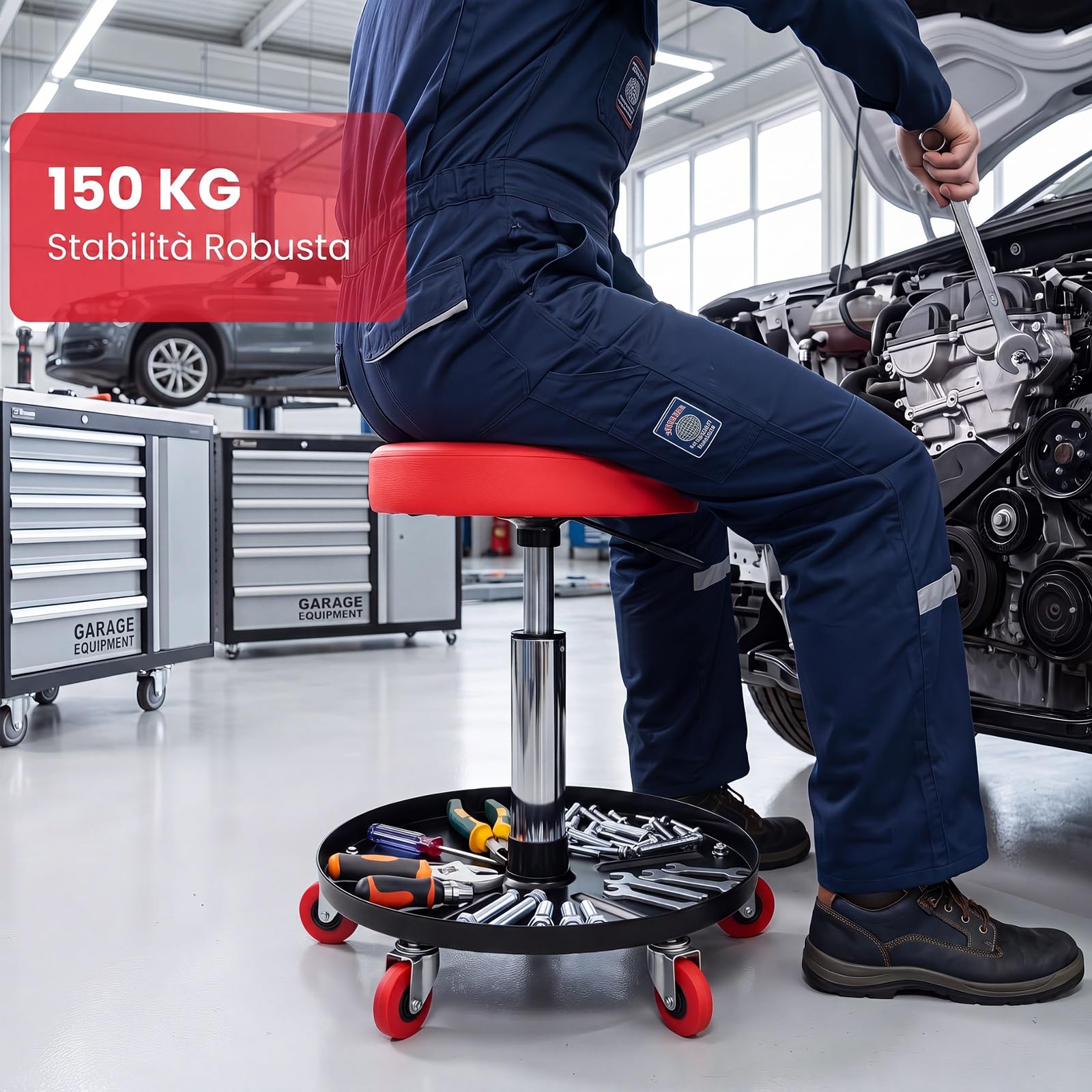COSTWAY Sgabello da Officina con Vassoio Porta Attrezzi, Portata 150 kg | Sedia da Lavoro con Ruote, Altezza Regolabile e Girevole a 360°, Sedia da Meccanico per Garage e Officina