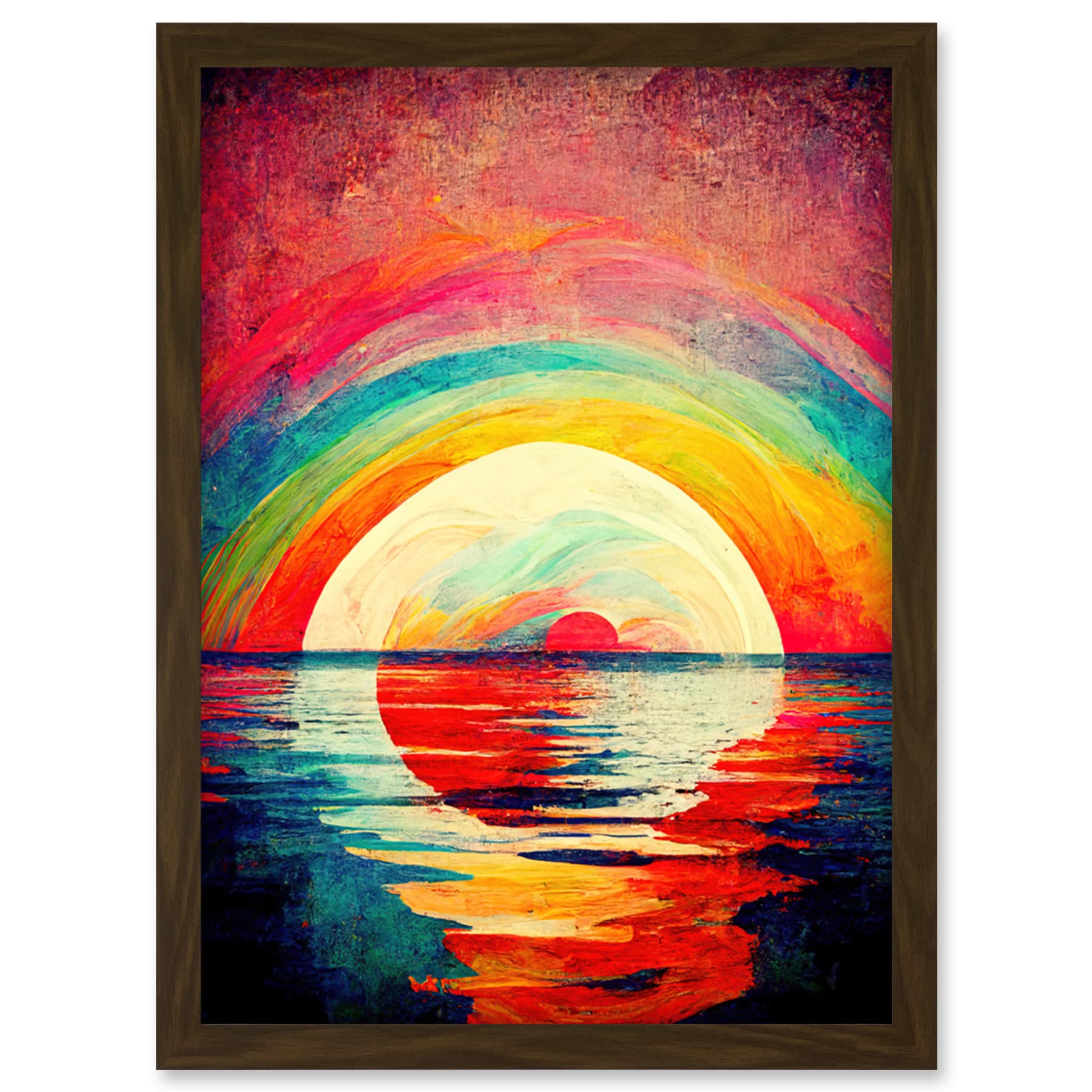 Doppelganger33 LTD Rainbow Sunset At Sea Vibrant Expressionism Artwork Framed Wall Art Print A4