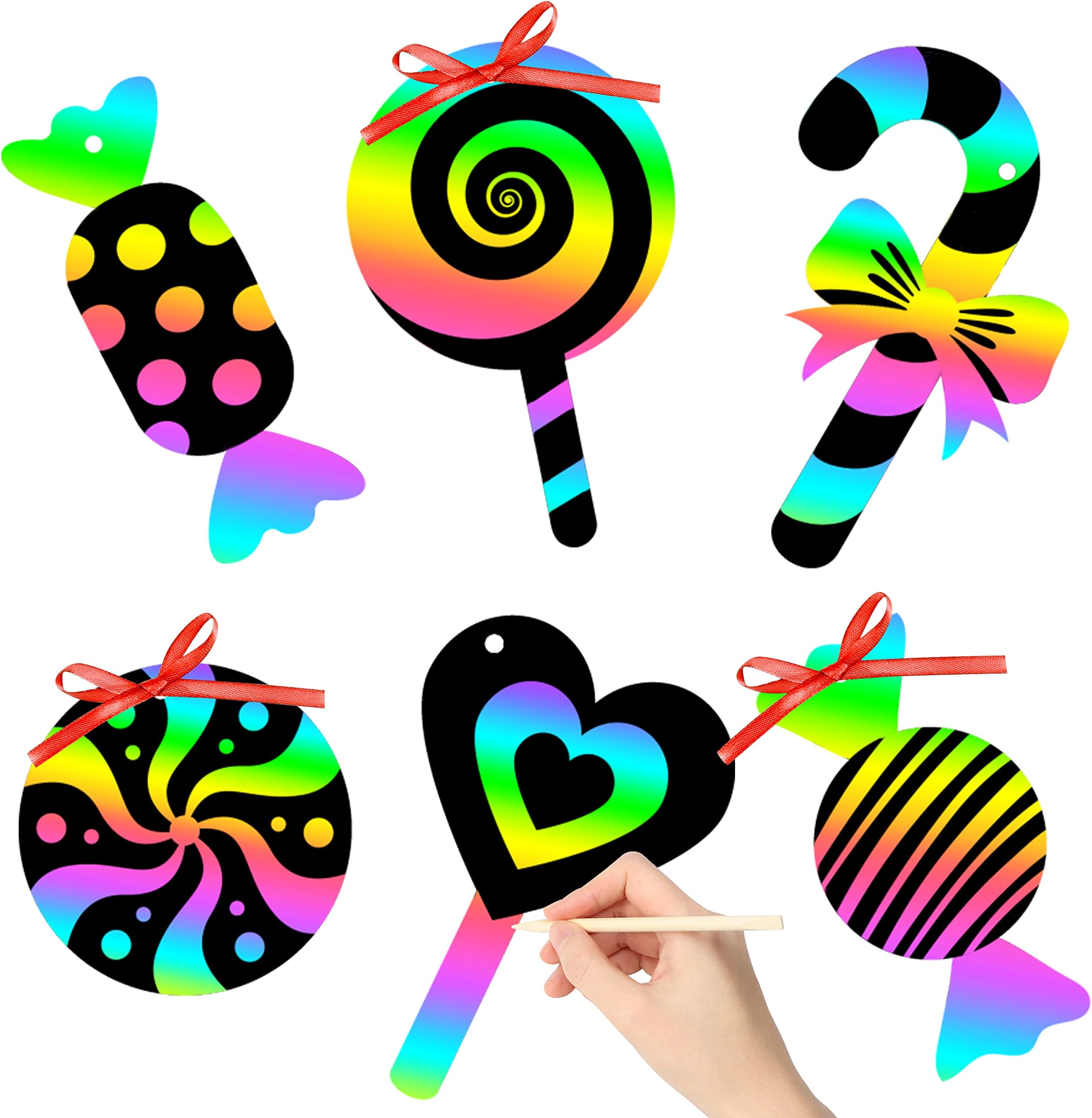 WATINC 60pcs Candy Scratch Paper Art Set Ornaments for Kids, Sweet Dessert Candies Cane DIY Scratch off Cards Crafts Supplies for Valentines Xmas Christmas School Party Game