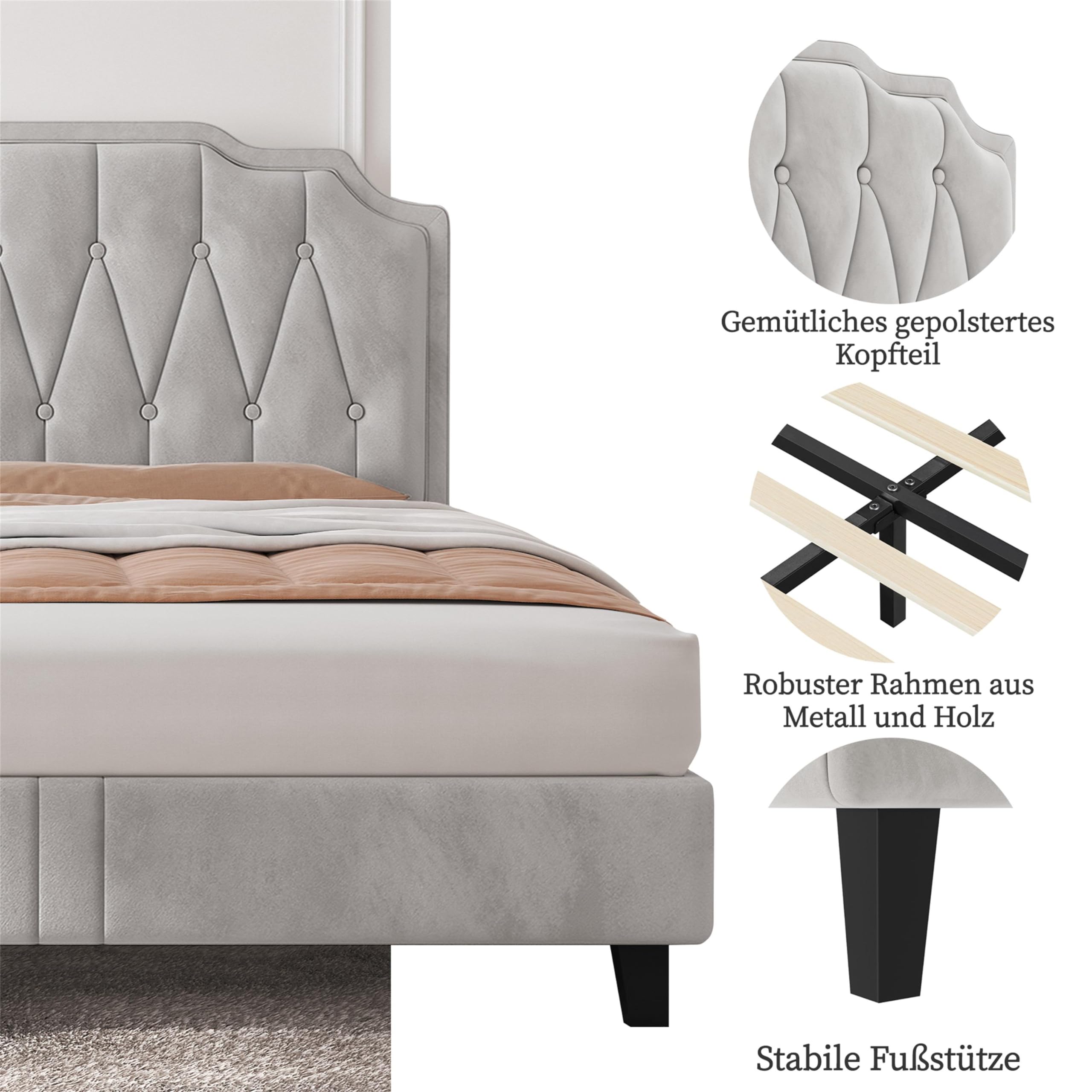 Yaheetech Polsterbett Doppelbett 160 x 200 cm Stoffbett Bettgestell Gepolstertes Bett mit höhenverstellbarem Kopfteil Bettrahmen mit Lattenrost, Beige | Modernes und elegantes Bett mit Lattenrost, robuste Struktur, weiche Oberfläche, 160 x 200 cm, Beige