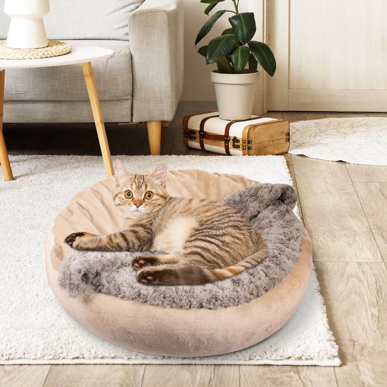 JOEJOY Cama pequeña para perros y gatos con manta con capucha, acogedora cama de lujo para cachorros, cama redonda calmante antiansiedad para perros, cama cueva para madriguera, parte inferior