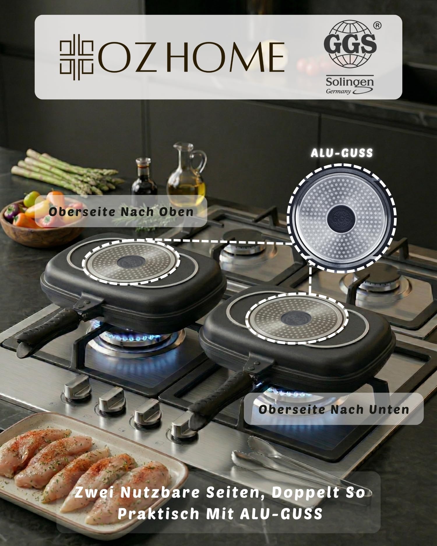 GGS Solingen Doppelseitige Grillpfanne 38 x 25,5 cm – Made in Germany | Wendepfanne Doppelpfanne aus Alu-Guss | Fischgrillpfanne für Induktion, Gas & Glaskeramik | PTFE-Antihaft | Magnetverschluss