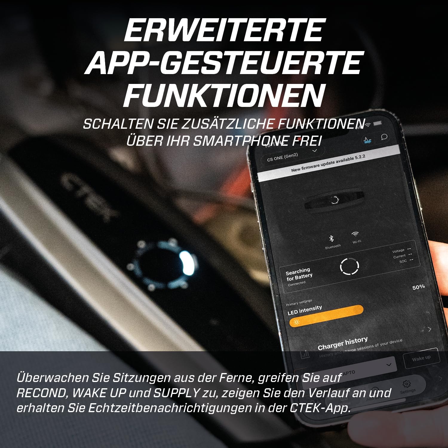 CTEK CS ONE (Gen 2) mit WLAN, 12-V-Smart-Batterieladegerät und -Erhaltungsladegerät mit App-Steuerung, Fernüberwachung, adaptiver Ladung und polungsfreien Klemmen für PKW und Motorräder