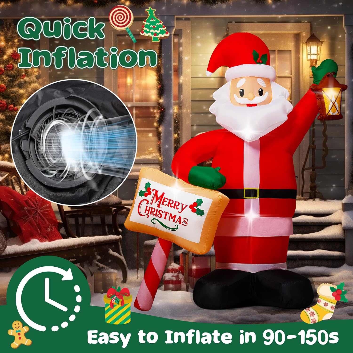 7FT Christmas Inflatables Santa Claus Outdoor Decorations, Blow up Santa Inflatables Holding Lantern & Merry Xmas Sign with Built-in LED Lights, Outdoor Holiday Yard Decor for Garden Lawn Porch - Image 5