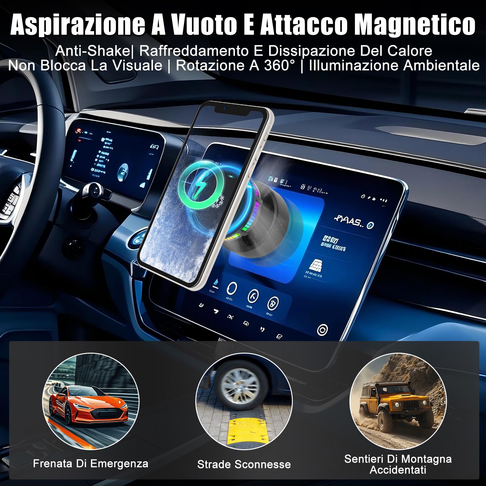 WODHMIEY Supporto Magnetico Sottovuoto Per Telefono Da Auto Con Rotazione A 360°, Design Double Face: Magnete E Vuoto, Adatto Per Auto, Case,Adatto Per metalliche (Argento, Raffreddato)