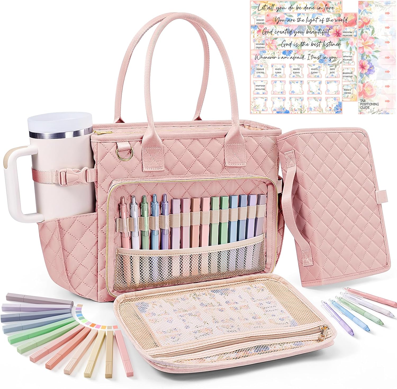 Large Bible Bag with Bible Cover Case for Women, Quilted Church Tote Bag Carrying Case w/Shoulder Strap, Bible Study Supplies Journaling Kit Accessories Easter Mothers Day Christian Gift for Women Mom