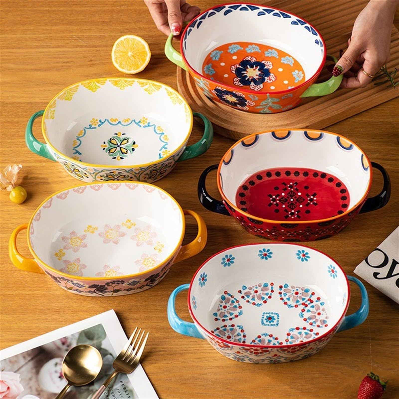 Ceramiczna forma do lasagne, kreatywna, kolorowa naczynia, odporna na wysokie temperatury, blacha do pieczenia, talerz obiadowy, podwójne ucho, talerz do zupy, talerz na owoce, do użytku