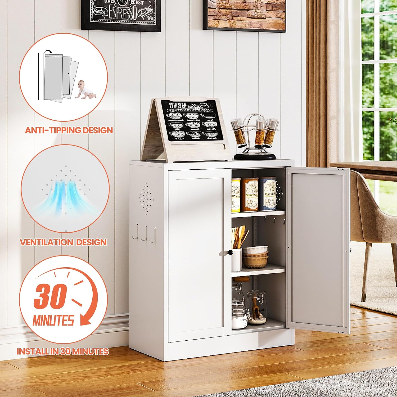 35" Kitchen Pantry Cabinet with 2 Doors and 2 Shelves,White Metal Garage Storage Cabinets,Freestanding Steel Tool Cabinet Utility Cabinets Cupboard for Kitchen,Living,Dining Room,Bathroom