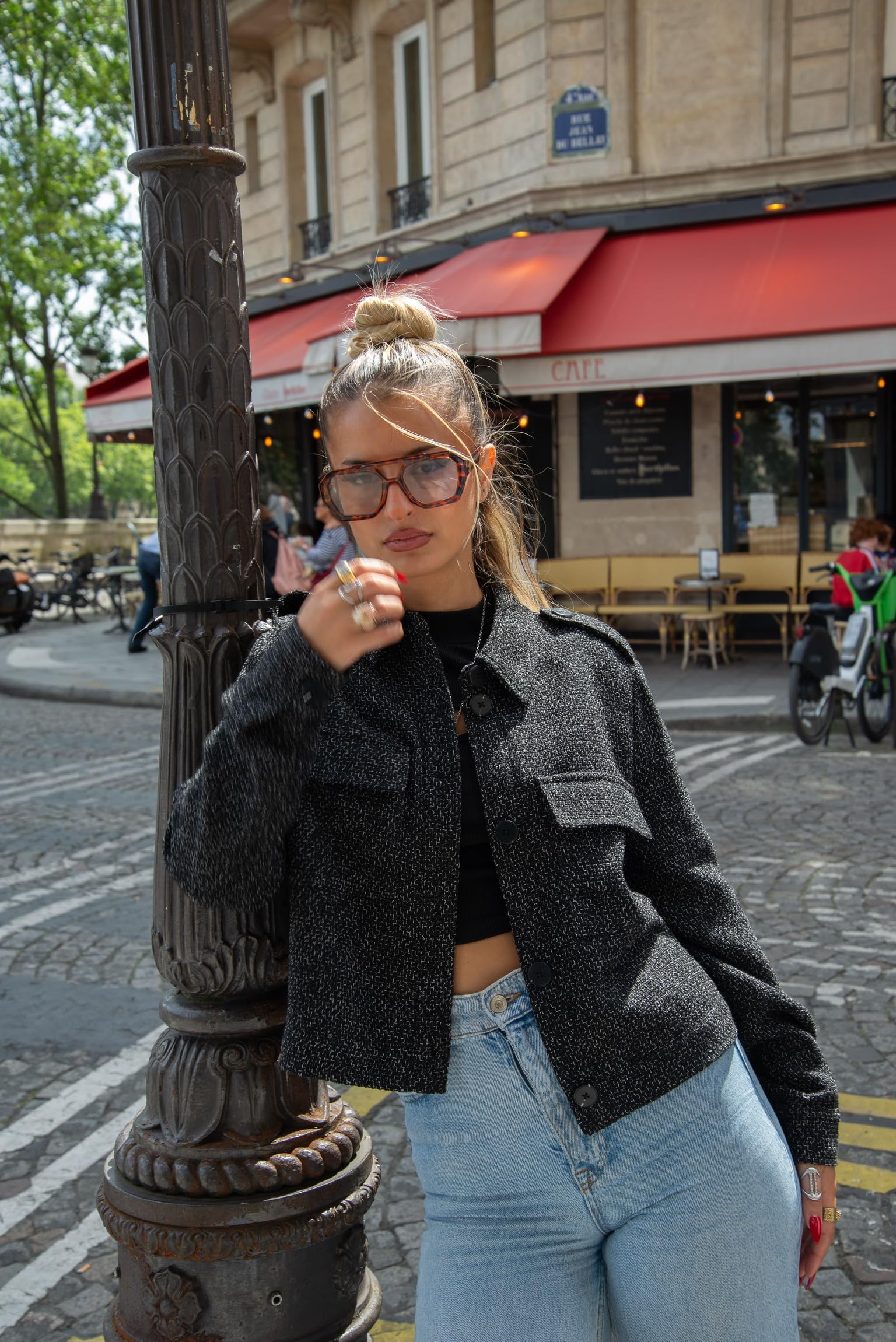 Chaqueta de Tweed para mujer, cierre de botones, bolsillos delanteros, detalles de hombro