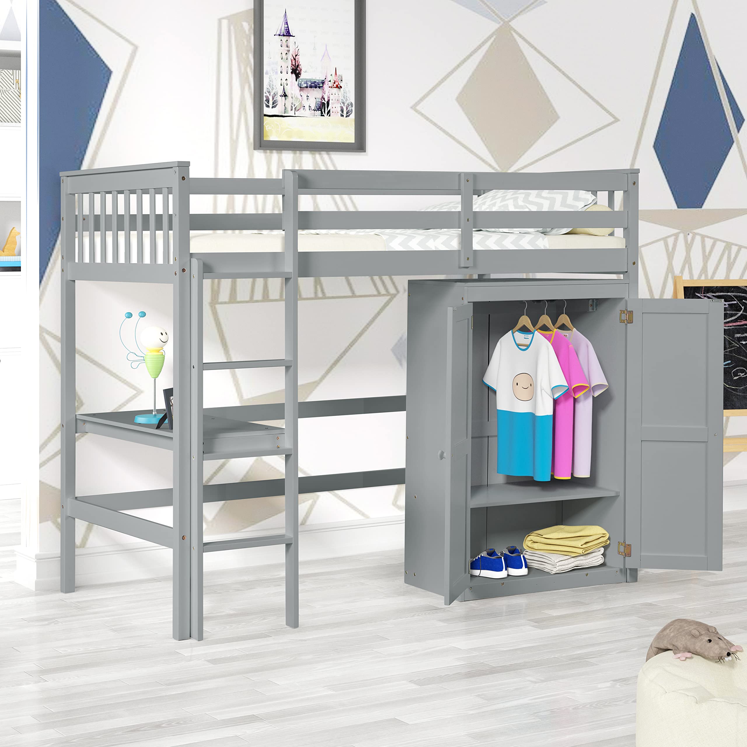 Twin Size Loft Bed with Desk, Wood Loft Bed Frame with Angle Ladder, Kids Loft Bed with Safety Guard