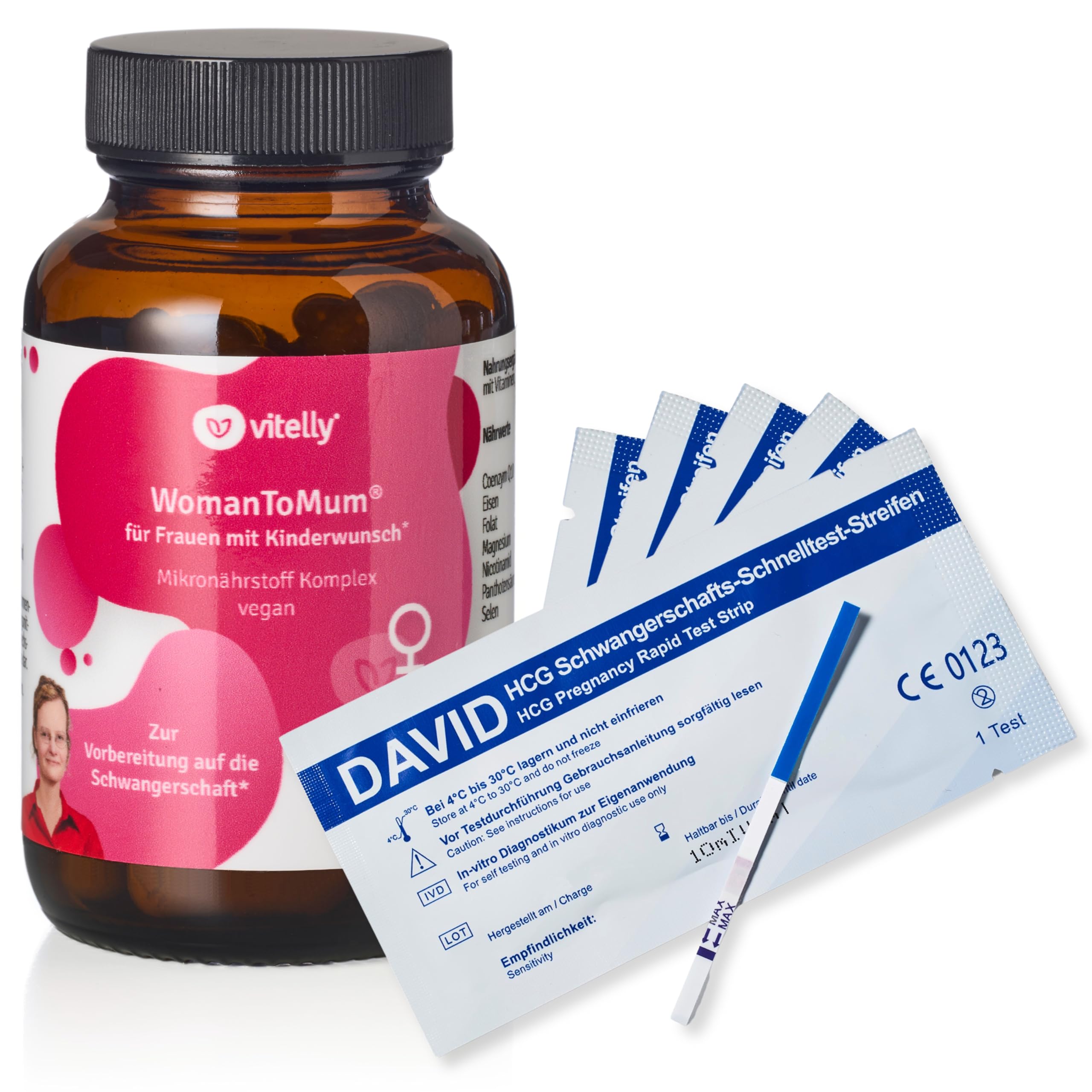 WomanToMum® Kinderwunsch-Tabletten + 5 Schwangerschaftstests I 14 hochdosierte Nährstoffe I 60 Kapseln