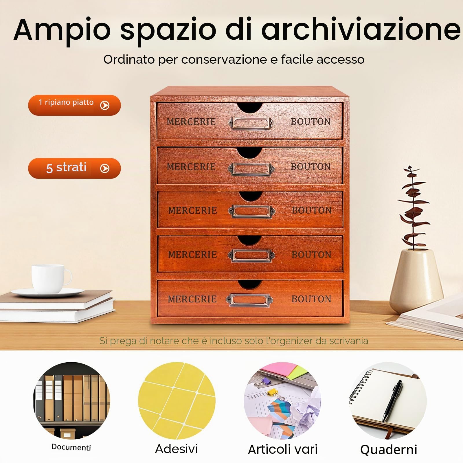 5 cassetti torre portaoggetti, organizer da scrivania in legno, organizer per ufficio con cassetti, portaoggetti per ufficio e casa, organizer in legno con 5 livelli, per ufficio, camera da letto e