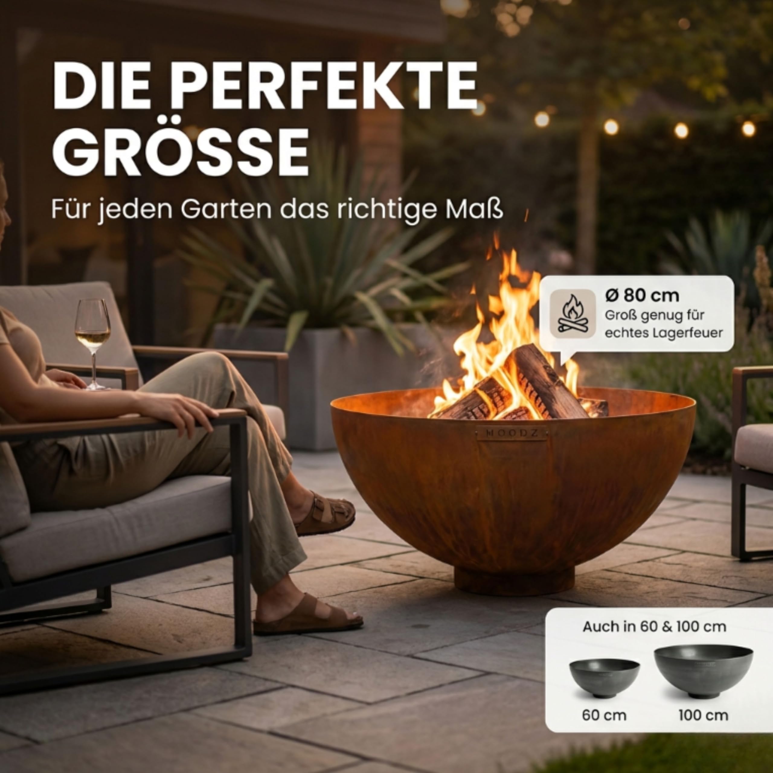 MOODZ Feuerstelle Dome – Hochwertige Feuerschale 80 cm aus 3mm Cortenstahl – Robuste Gartenfeuerstelle für Draußen – Witterungsbeständig & Langlebig – Design Outdoor Feuerkorb