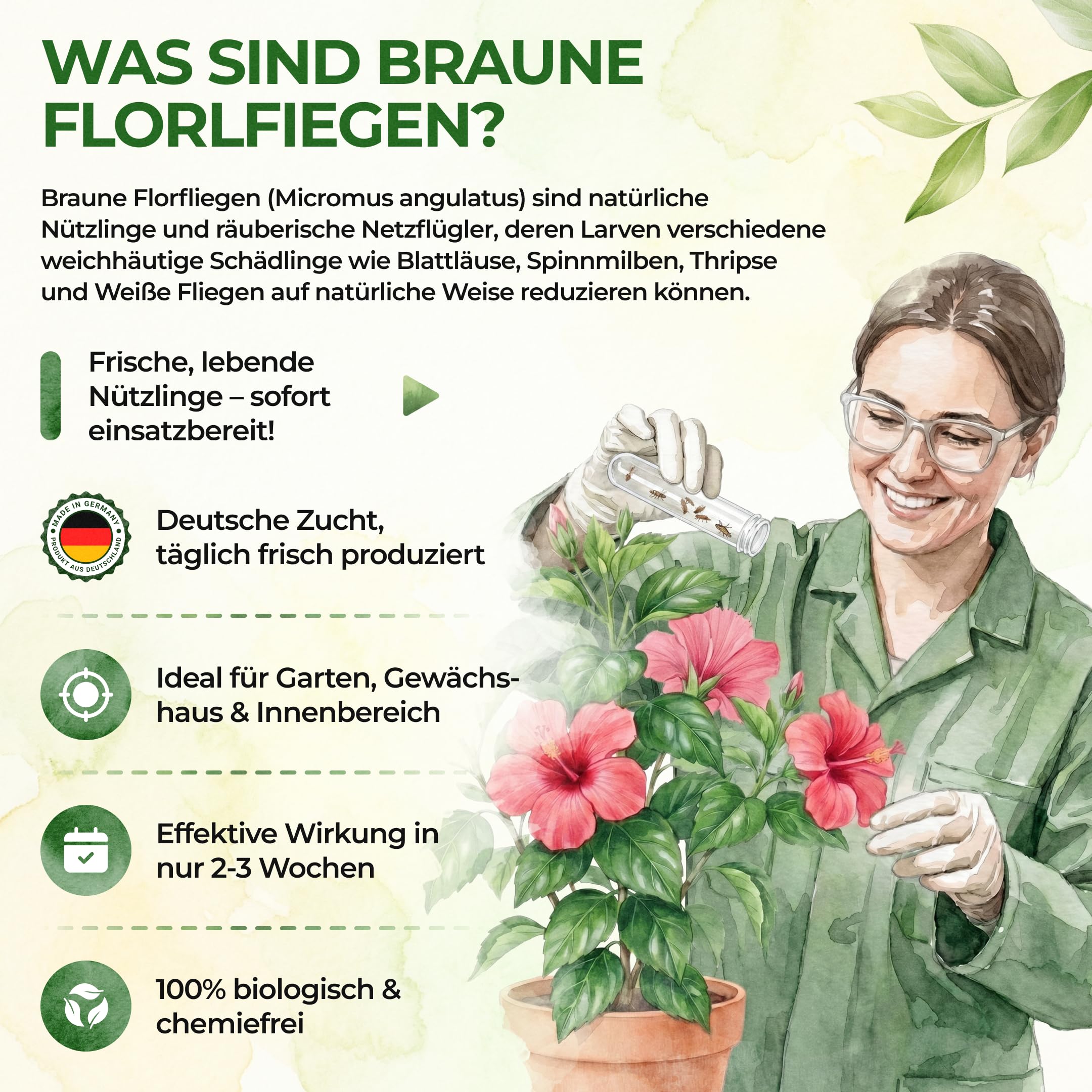 GREEN GUARDIA Braune Florfliegen (Micromus angulatus) 2X Röhrchen für ca. 4m² - Nützlinge gegen Blattläuse, Spinnmilben, Thripse & Weiße Fliegen