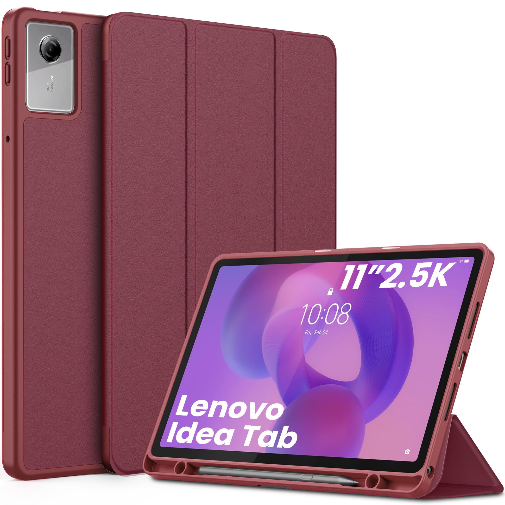 EasyAcc Custodia per Lenovo Idea Tab 11 pollici Tablet 2025 con portapenne TB-336ZU TB-336FU, ultra sottile con funzione di supporto, sottile in pelle PU (rosso bordeaux)