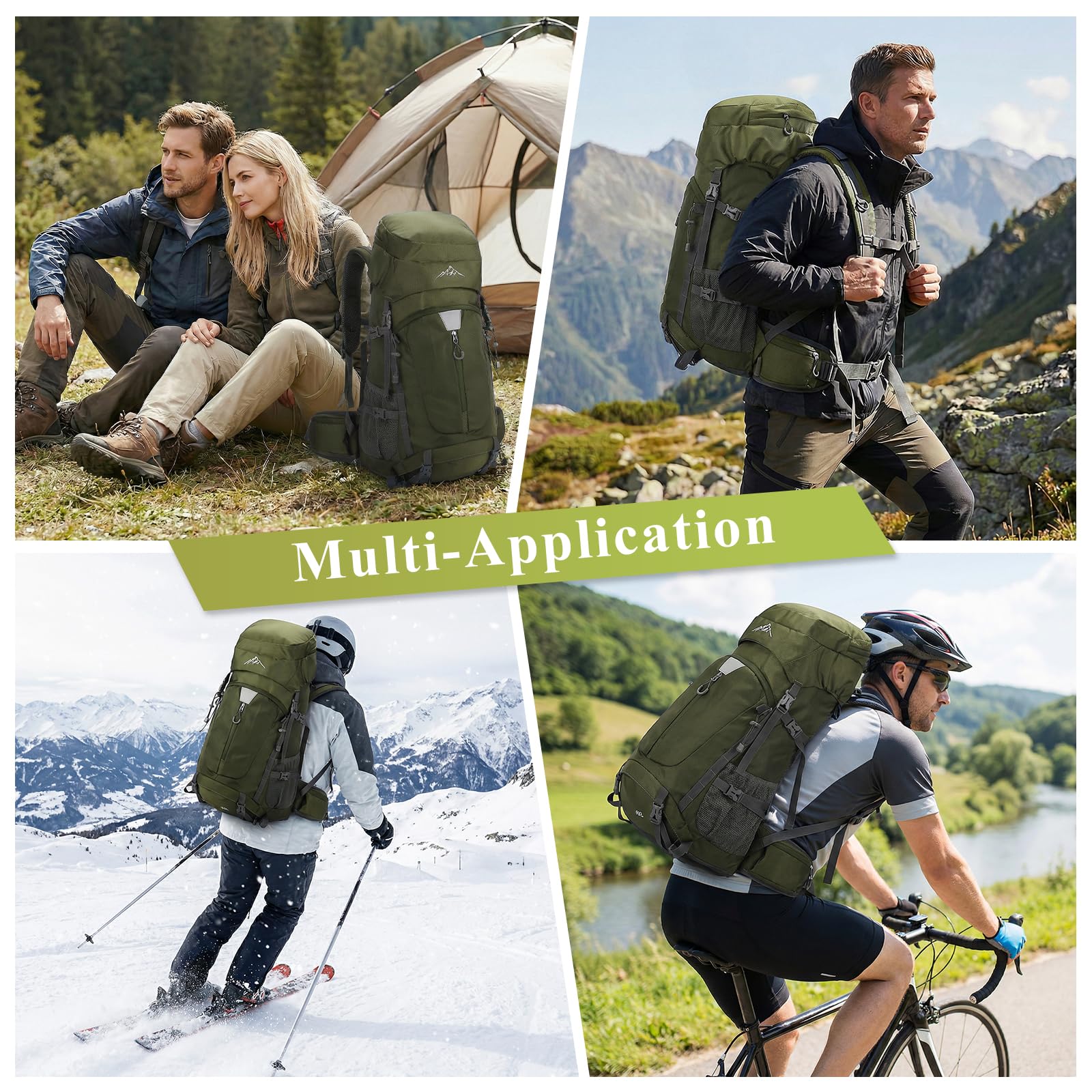 Zaino da escursionismo impermeabile da 60 l, leggero, da campeggio, sportivo, da viaggio, con copertura antipioggia, per alpinismo, escursionismo, viaggi, attività all'aperto, verde, L