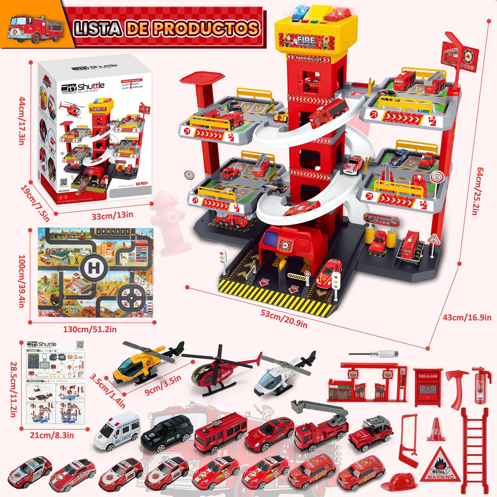 BuzzoXerex 5 Plantas Garaje Coches para Niños, Parking Molto con 14 Coches y 2 Helicóptero, Parking Juguete con Pista de Coches y Ascensor, Educativos Regalos para Niños 5 6 7 8 9 Años (Rojo)