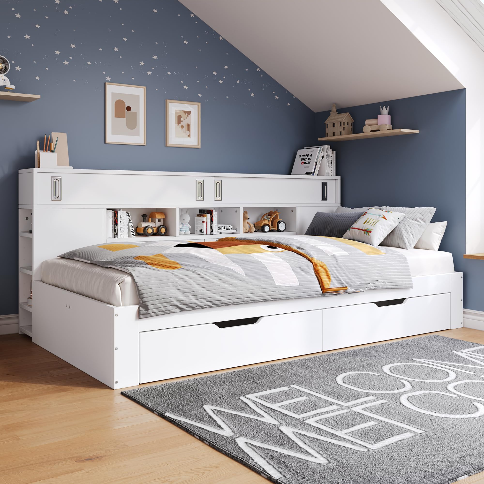 Letto per bambini 90x200, letto singolo con ripiani e armadio contenitore, letto contenitore con cassetti, struttura letto con rete a doghe, per adulti e ragazzi, senza materasso, bianco