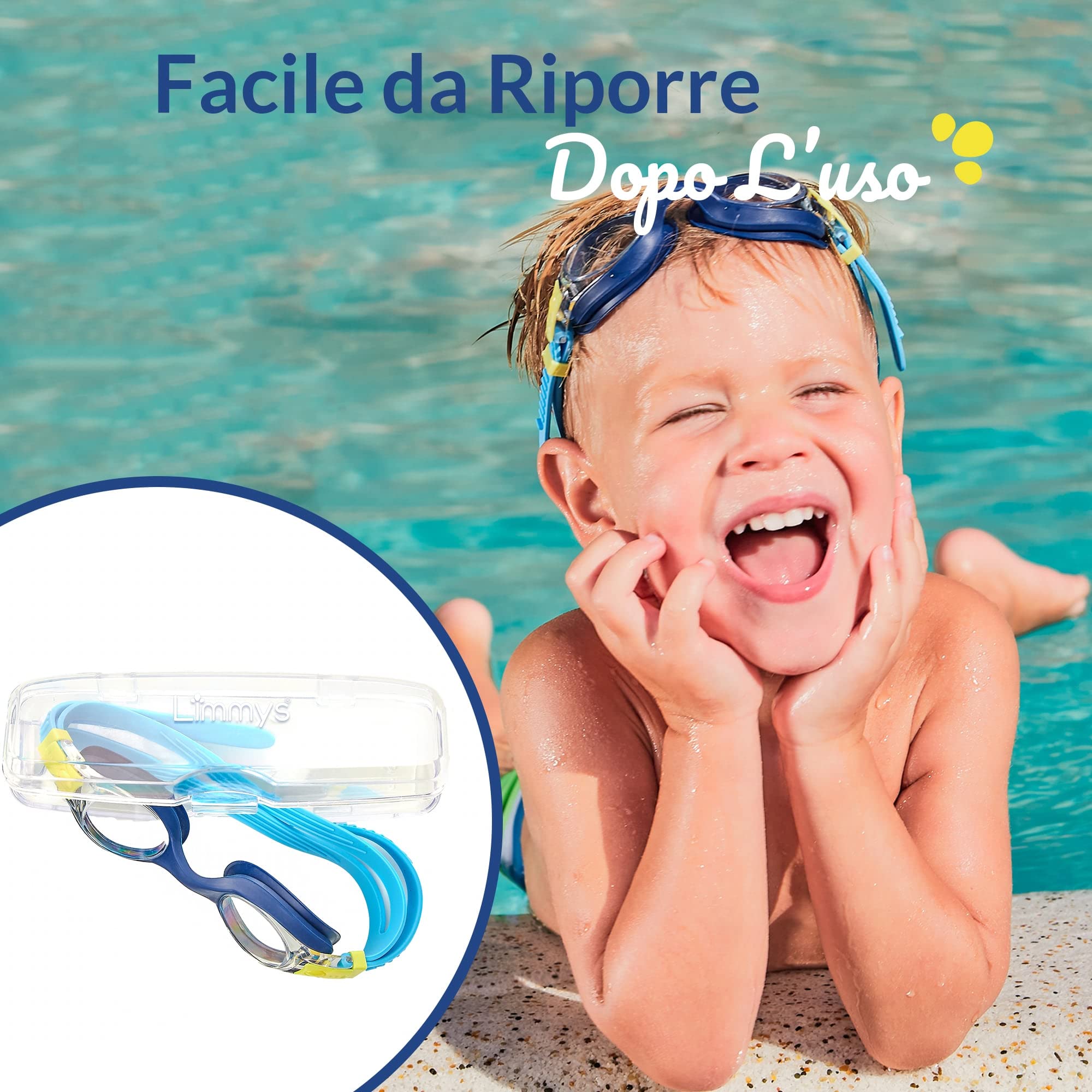 Limmys Occhialini da Nuoto Bambini 3–12 Anni – Anti-Appannamento, Senza Perdite, Protezione UV400, Senza Tirare i Capelli, Regolazione Rapida, Resistenti al Cloro, Custodia Inclusa