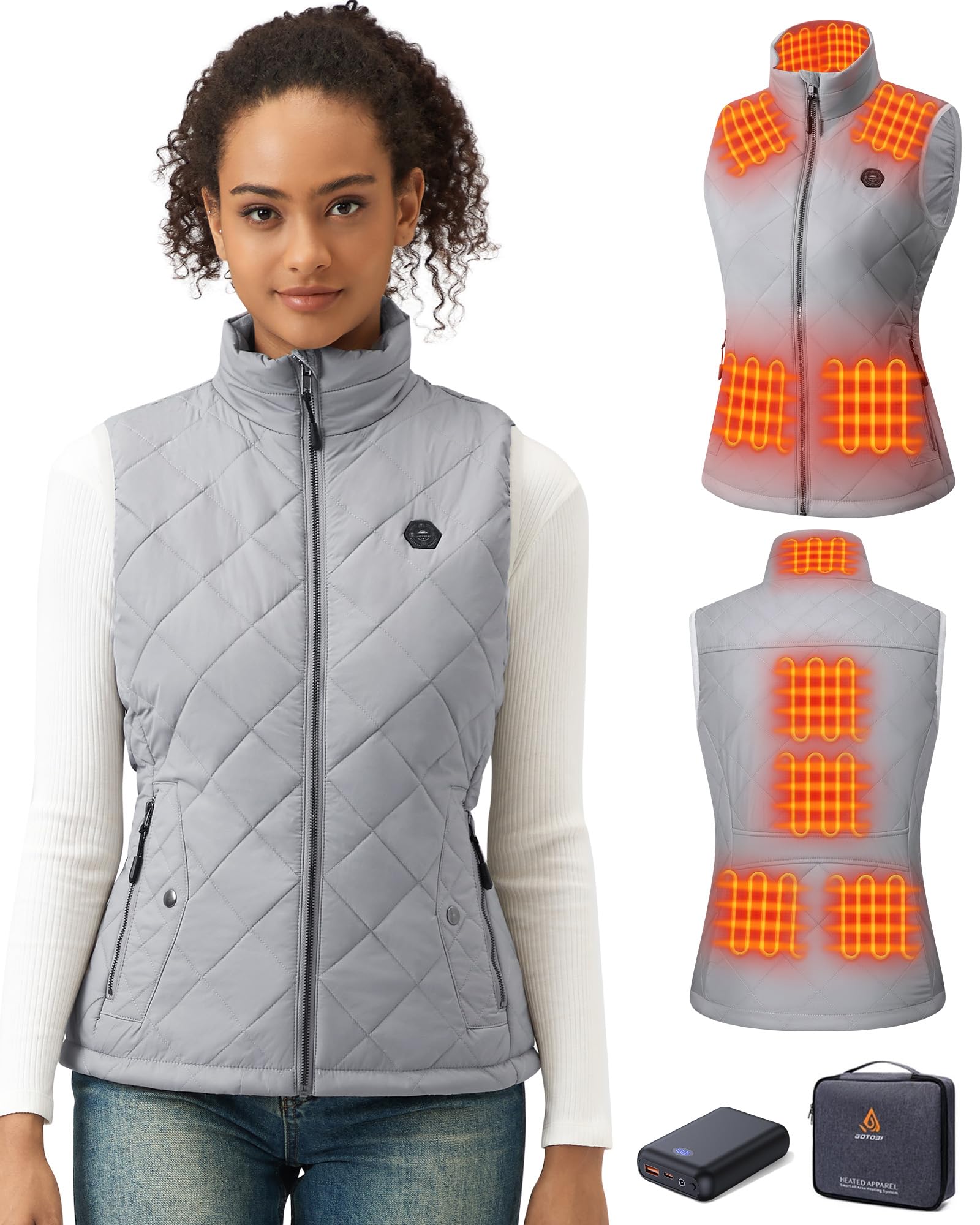 Gilet riscaldante da donna con power bank, 16000 mAh, 7,4 V, con 9 zone di riscaldamento e 3 temperature regolabili, gilet riscaldato per attività all'aperto, escursionismo, grigio, L