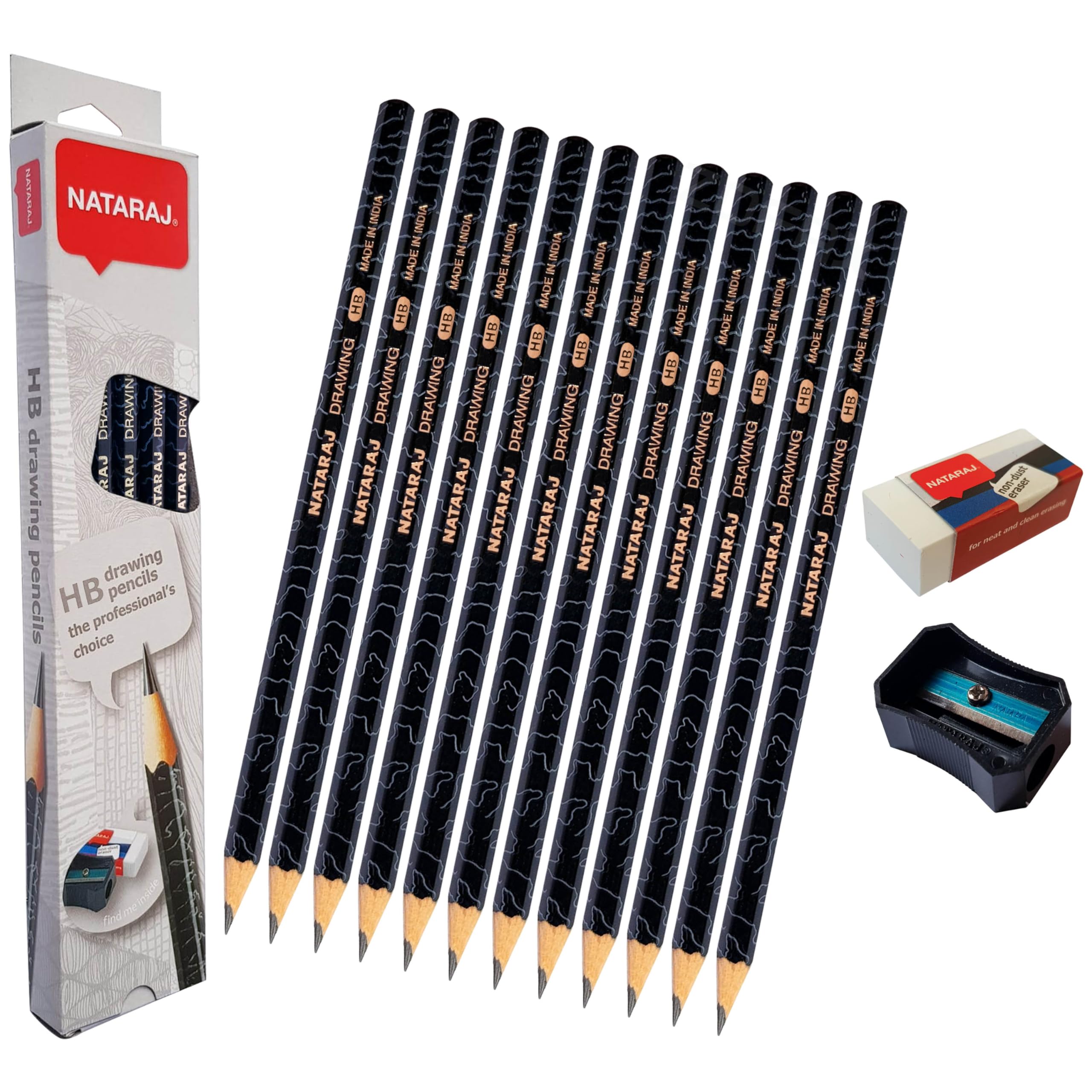 NatGrad Drawing Pencils Sharpener Eraser Pack, HB Graded, Pack of 12, Professional Artists Graphite Lead Pencils, Perfect for Sketch Shade Write Tone Draft Draw, iZOFAX