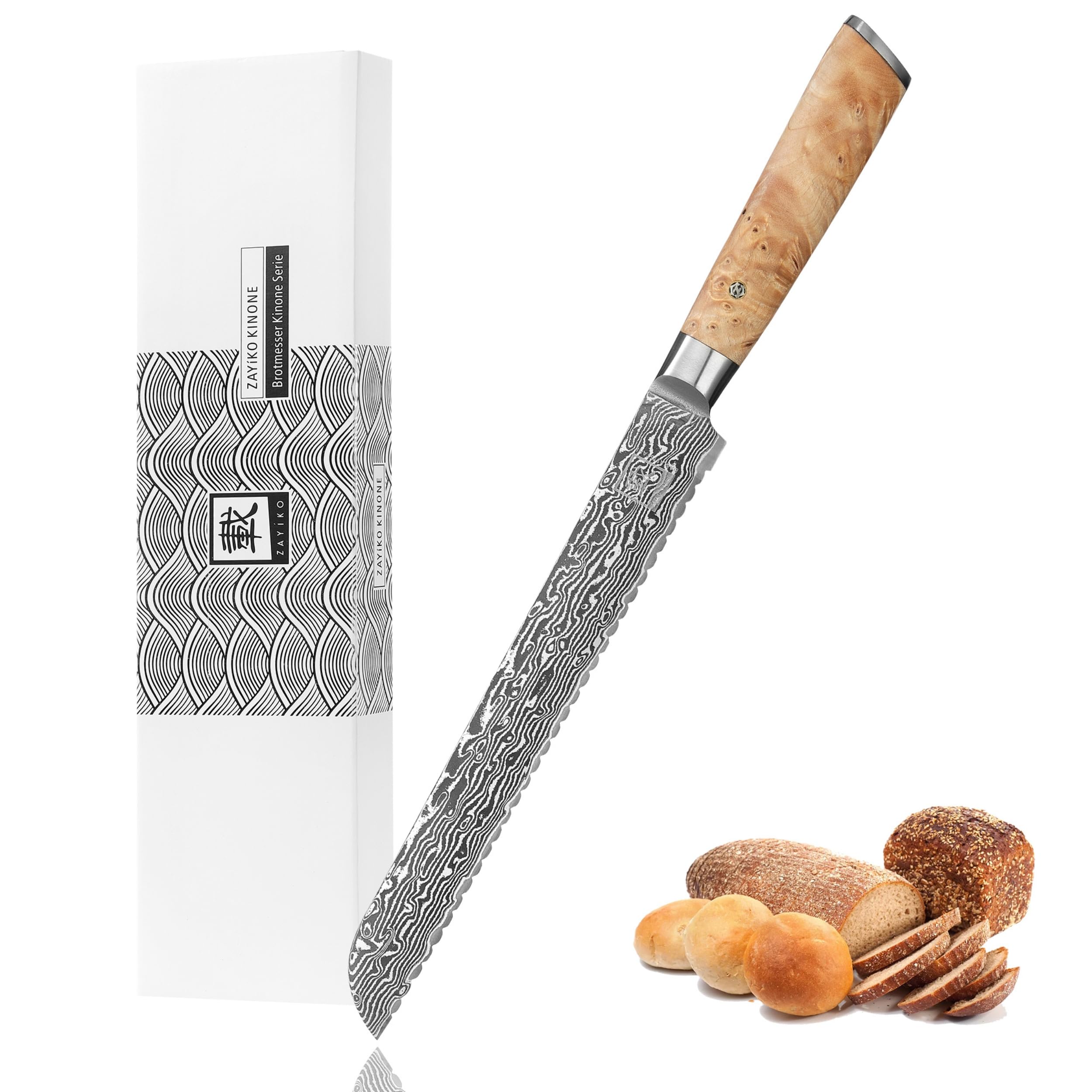 zayiko Kinone Brotmesser 23 cm, Damaststahl mit VG10-Kern und Wellenschliff