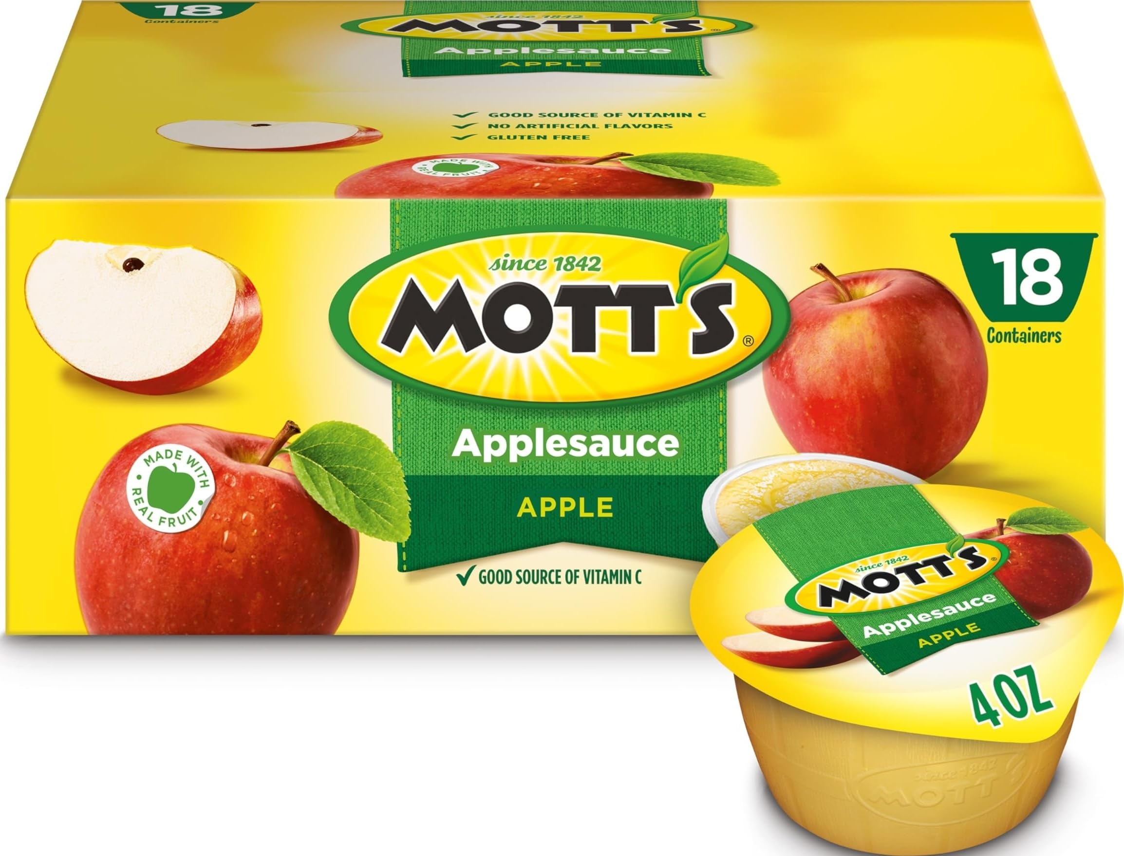 Mott's Applesauce, 4 Oz Cups, 18 Count, No Artificial Flavors, Good Source Of Vitamin C, Nutritious Option For The Whole Family