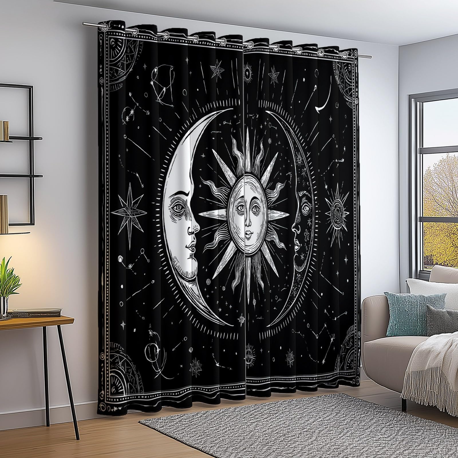 Tende Oscuranti Termiche L 140 x A 260 cm 2 Pezzi Retro Fantasy Sole Luna E Astrologia Nero Anti Luce Anti UV Isolanti Dal Calore Con Occhielli