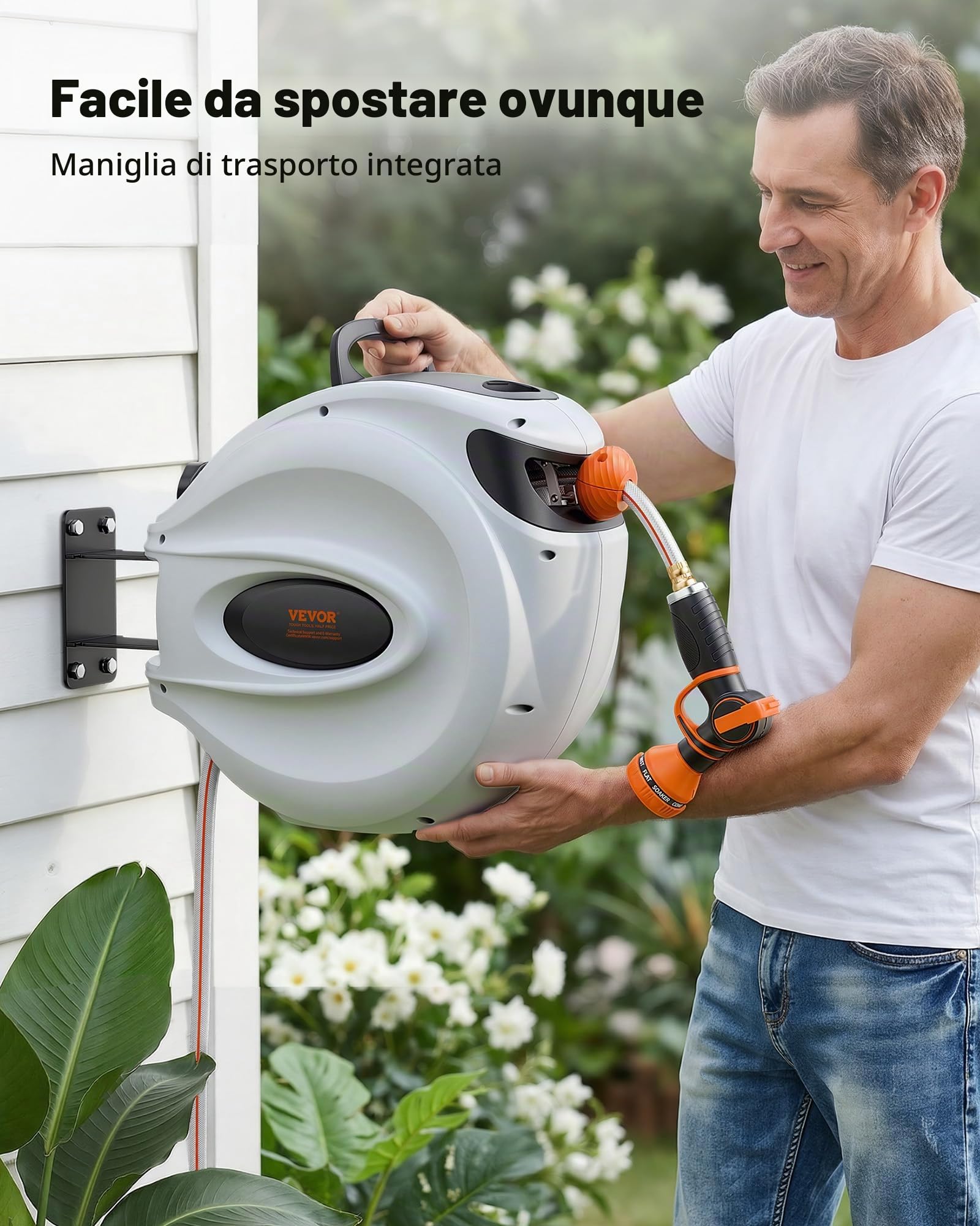 VEVOR Avvolgitubo Retrattile per Tubo da Giardino Avvolgitubo da Giardino Fissaggio da Parete Diametro 12 mm con Ugello a 9 Modelli, Sistema di Ritorno Riavvolgimento Staffa Girevole a 180°