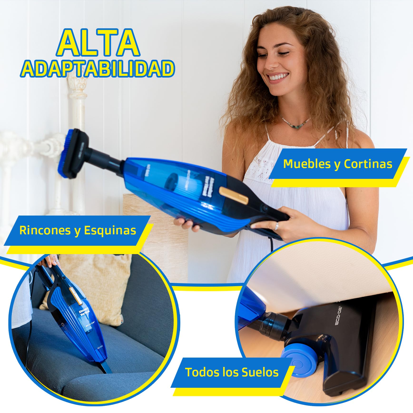 ECODE® Aspiradora 3 en 1 sin Bolsa con Cable y Filtro HEPA – 800W de Potencia y 6 Accesorios para una Limpieza Rápida y Completa en Casa