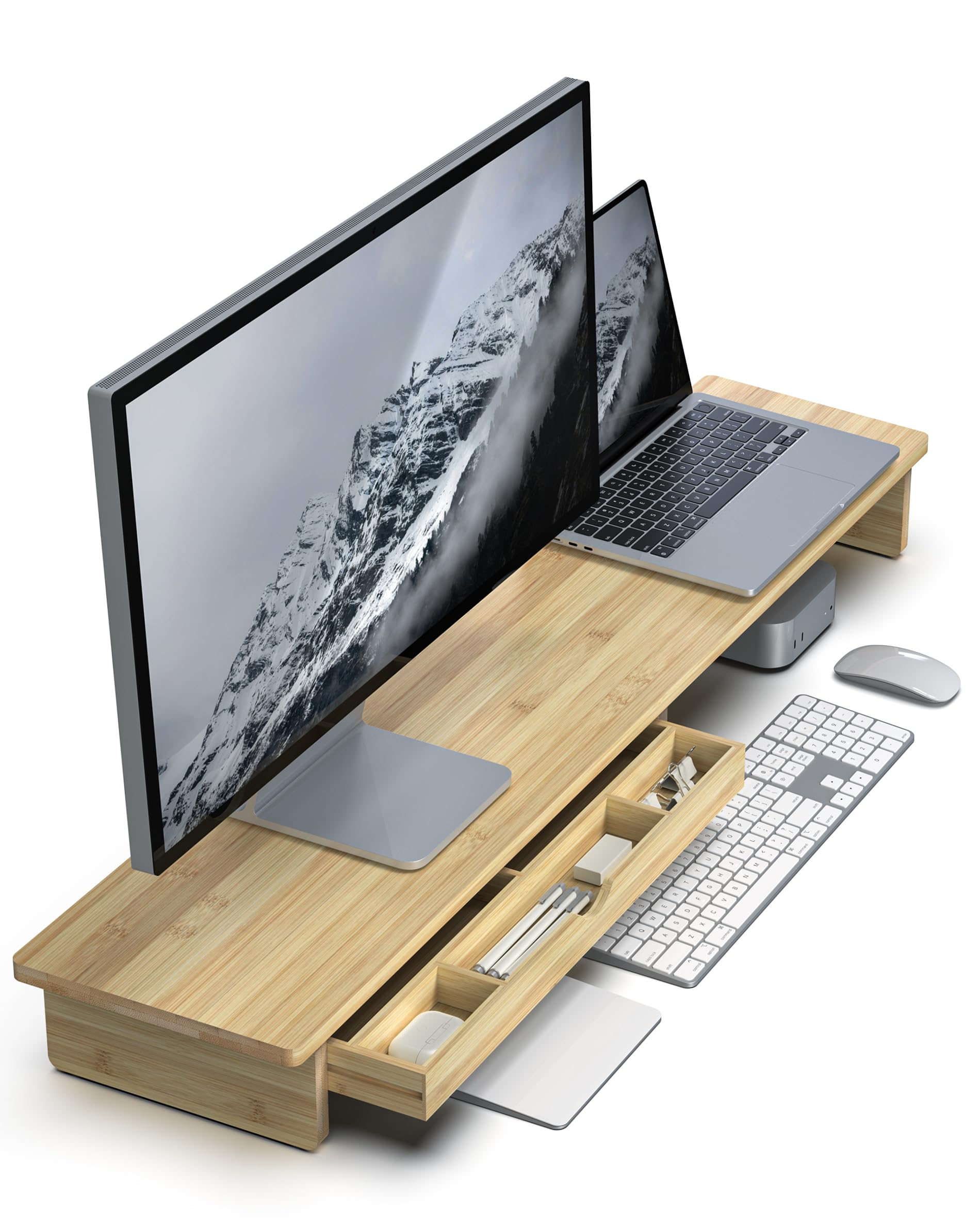 WELL WENG Support pour écran en bambou avec grand tiroir de rangement, rehausseur d'ordinateur de 107 cm pour bureau, tablette d'écran à 7 compartiments pour ranger le clavier, Bambou | 107 x 23,5 x 11 cm avec espace de rangement pour le clavier, support