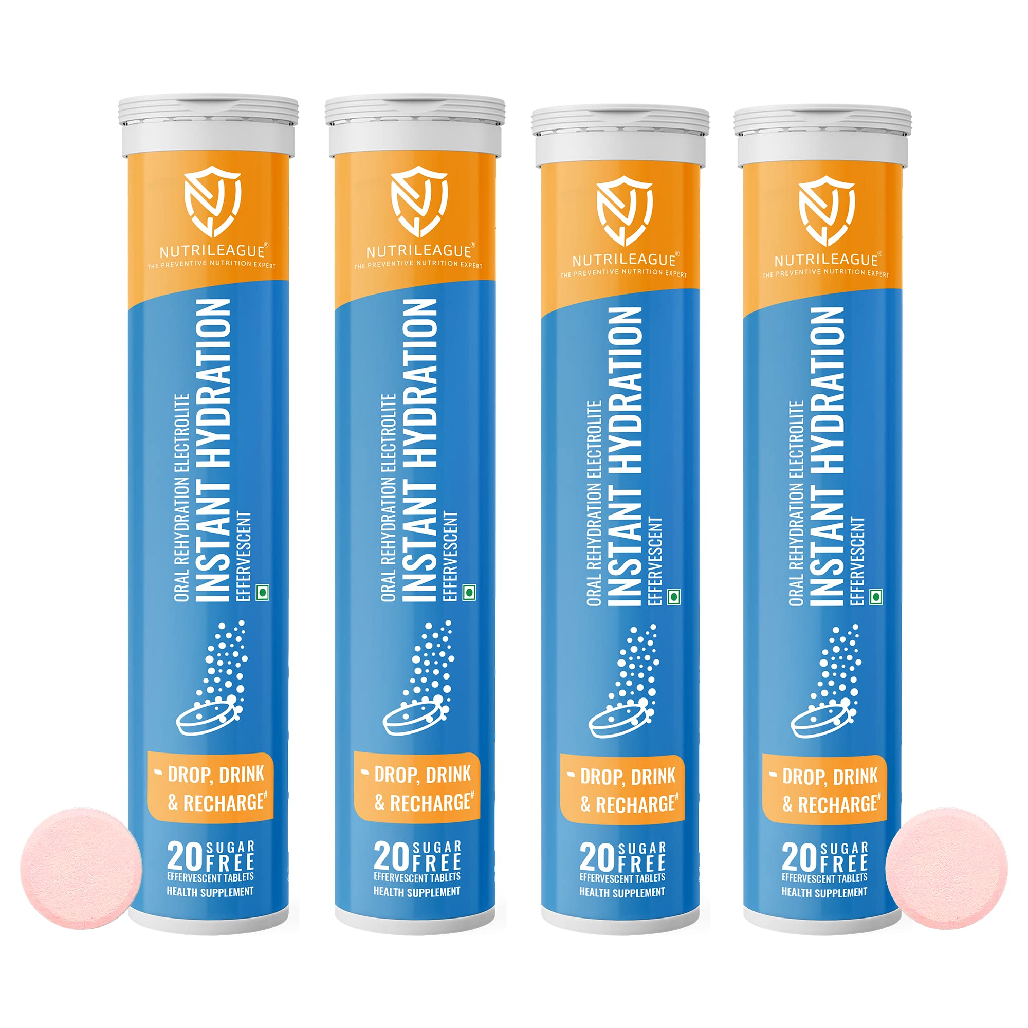 Instant Hydration Effervescent Tablet | Rehydration | Key Electrolites | Potassium, Sodium, Magnesium, Zinc | Pack of 20 (Pack Of 4)