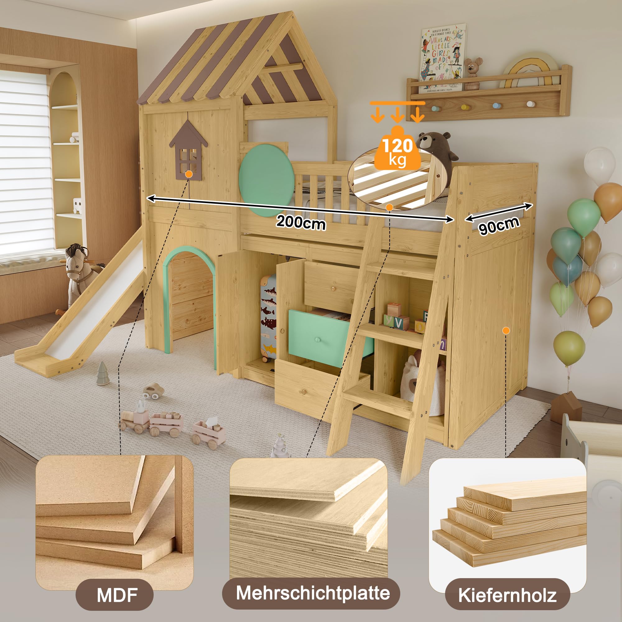 Su & Chan Legence Hochbett 90x200 cm mit Rutsche für Kinder, Hausbett mit dreistufiger Treppe, Kleiderschrank und Schubladen, aus Kiefernholz, in Grün und Naturholz