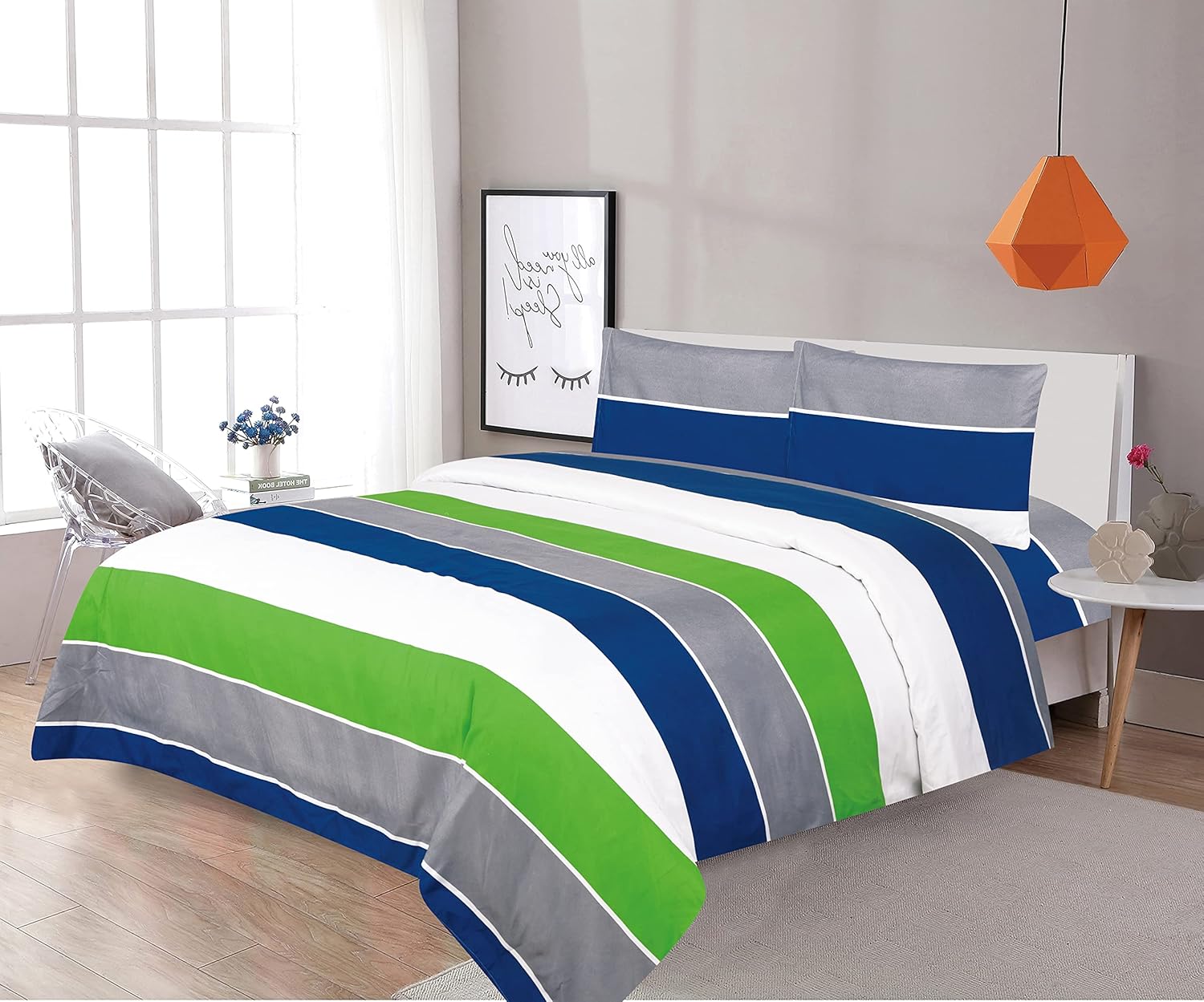 Sapphire Home Four (4) Piece Queen Size Print Sheet Set with Fitted, Flat and 2 Pillow Cases, Green Gray Blue Stripes Print Multicolor Boys Kids Girls Teens Bedding Sheets, (Sheet, QN, Green/Gray)