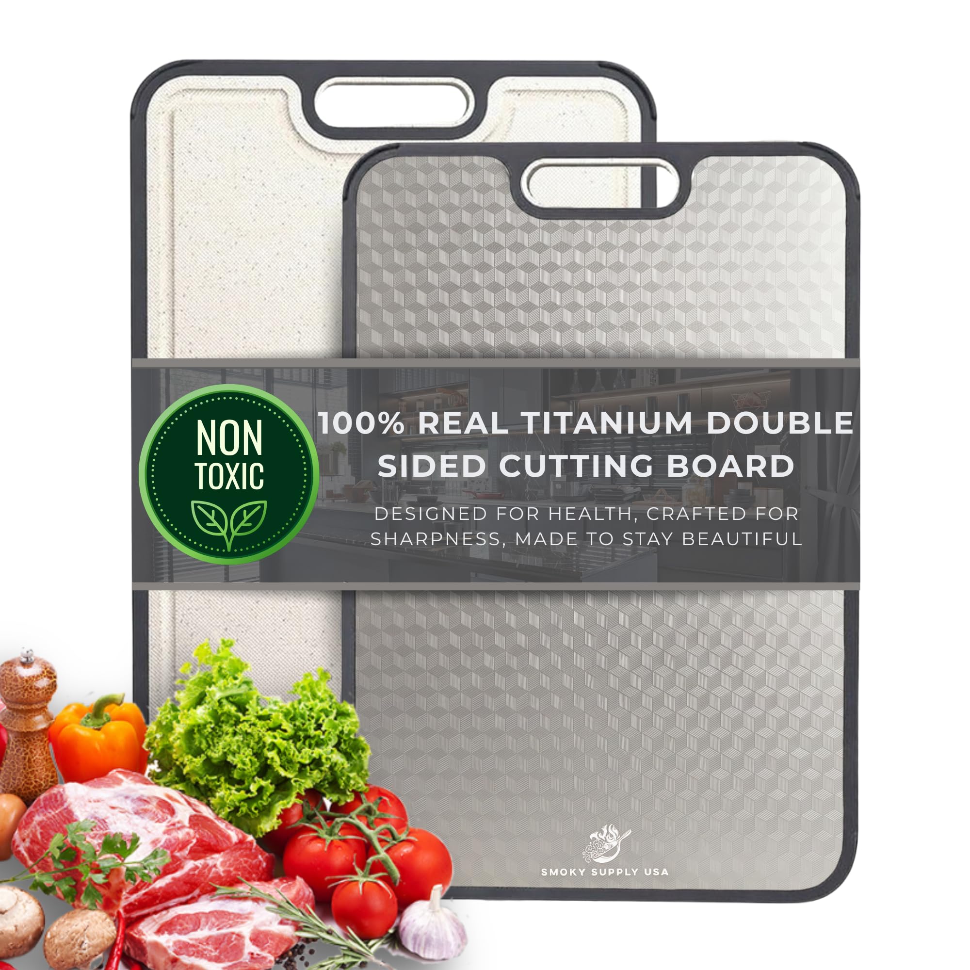 Photo 1 of 15.5 x 10 Inch Titanium Cutting Board for Kitchen, Double Sided Pure Titanium & Wheat Straw Chopping Board, Non Toxic Metal Cutting Board with Juice Groove, Non Slip Base, Scratch Reduction Mesh