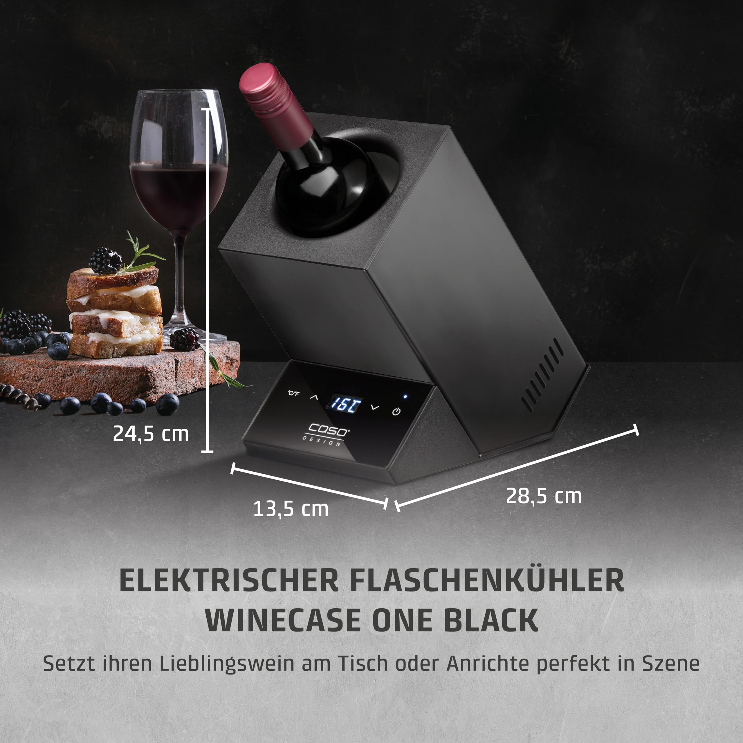 Caso WineCase One Black - Design Weinkühler für eine Flasche, Temperaturbereich von 5-18°C, für Flaschen bis 9 cm Ø, Sensor-Touch Bedienung, Schwarzes Edelstahlgehäuse, LED Display