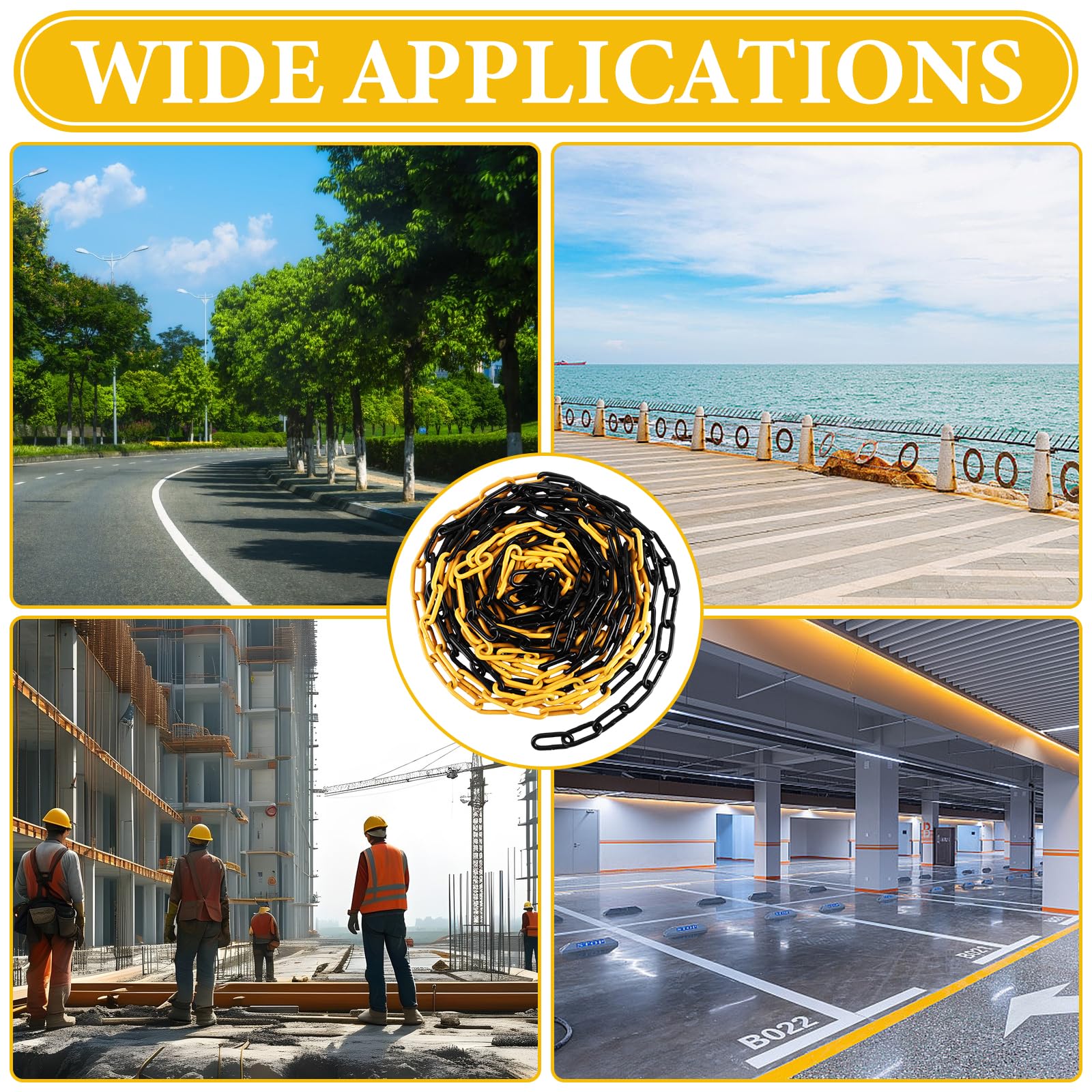 CYEER Catena di sicurezza in metallo (5 mm di spessore) – Catena in acciaio a righe giallo-nero – Robusta catena di sicurezza per parcheggio, cantiere, magazzini e industrie, resistente alle