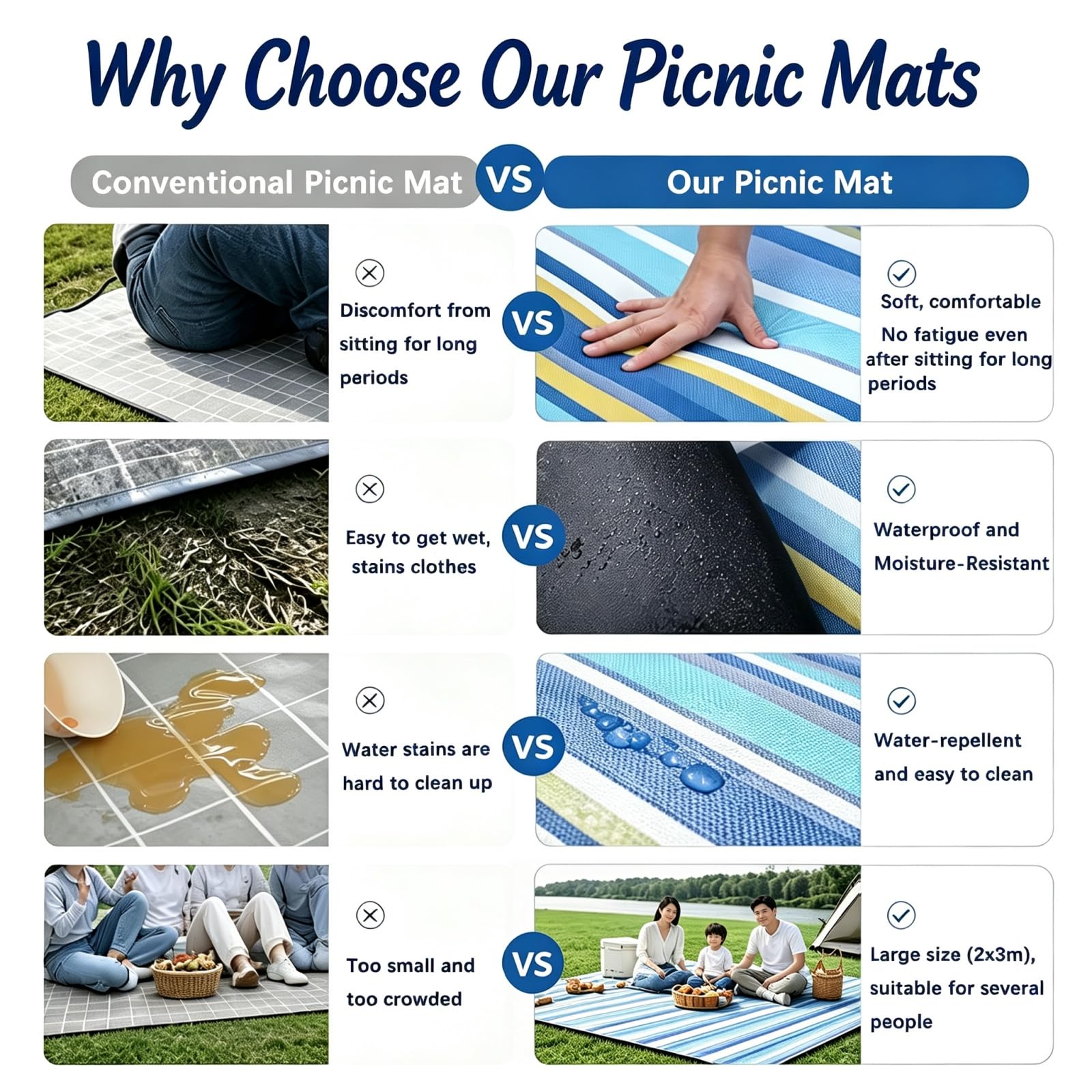 Manta de picnic extragrande de 2 x 3 m de grosor, impermeable, a prueba de arena, portátil, para camping, parque, excursiones familiares