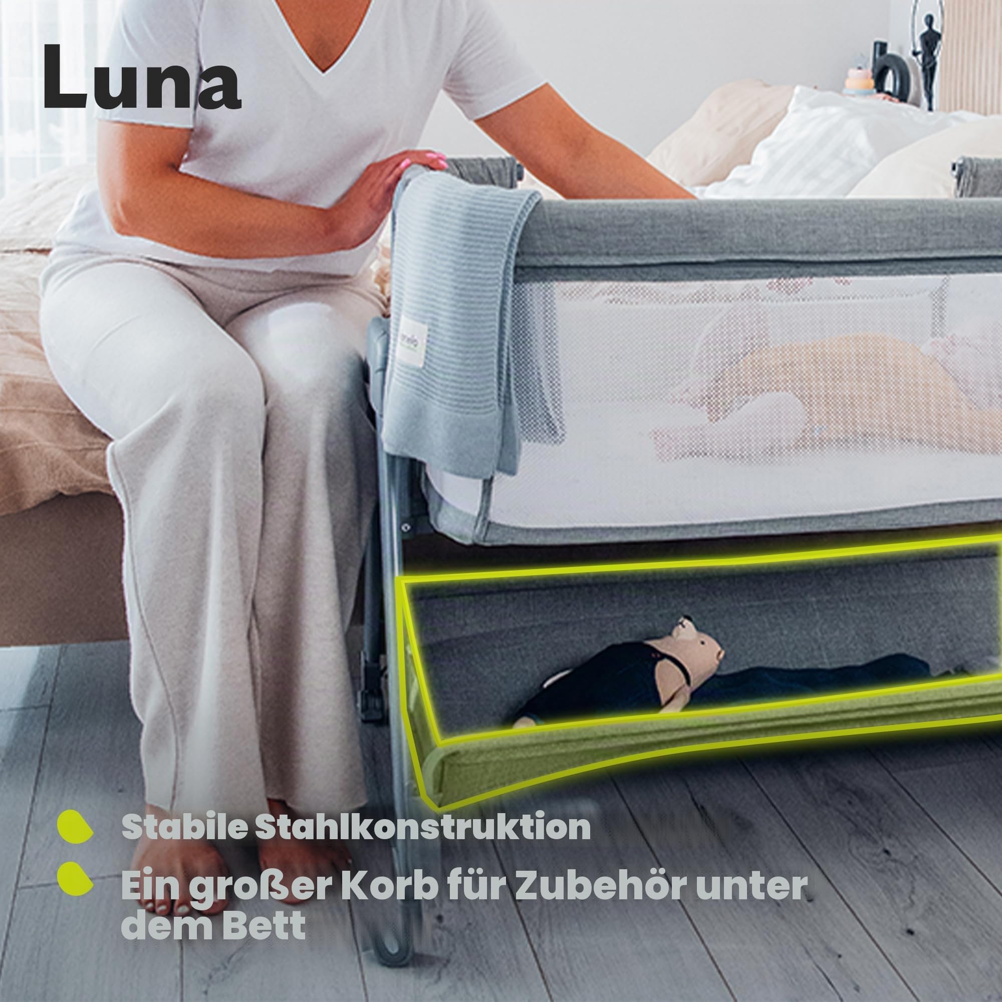 lionelo Aurora 3in1 Baby Nachttisch Co-Sleep für Babys ab Geburt bis 9 kg, verstellbare Höhe und Neigung, Matratze, 4 feststellbare Räder, atmungsaktiv, tragbar, waschbar, Tasche, Gurte (Beige leicht