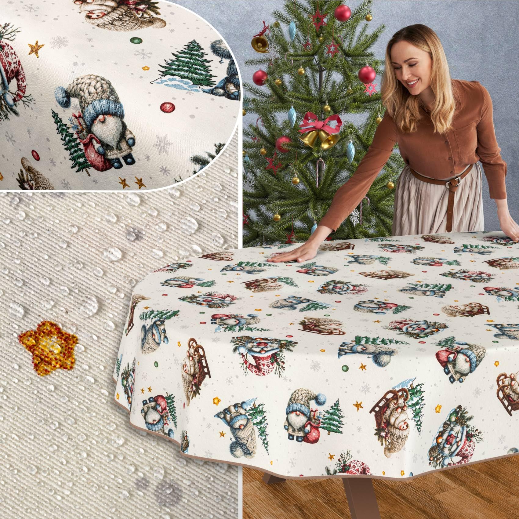 Mantel de Navidad, lavable, impermeable, antimanchas, mantel de algodón, poliéster, Papá Noel, ovalado, 280 x 140 cm, para interior y exterior