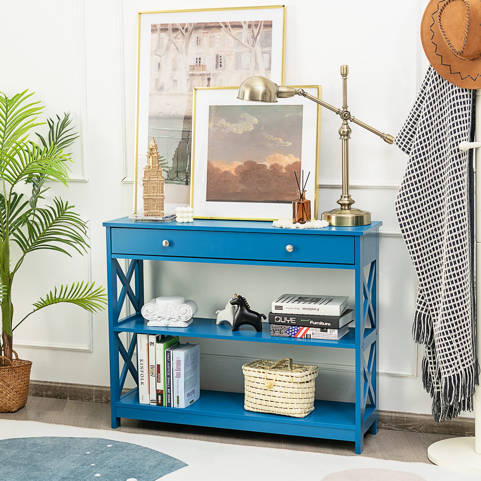COSTWAY Tavolo Consolle con Cassetto, Tavolo da Ingresso a 3 Ripiani, Tavolino per Divano per Ingresso Soggiorno Camera da Letto, Stile Vintage Industriale (blu)